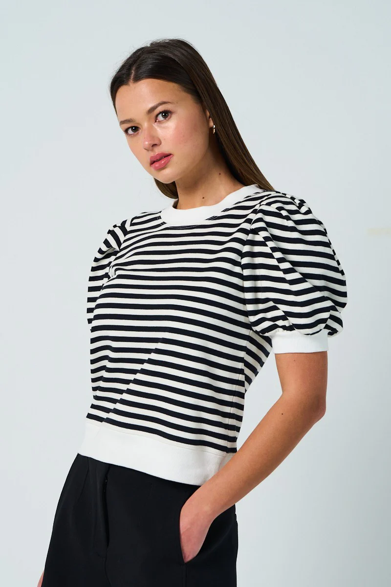 Jen Puff Sleeve Striped Top in Black