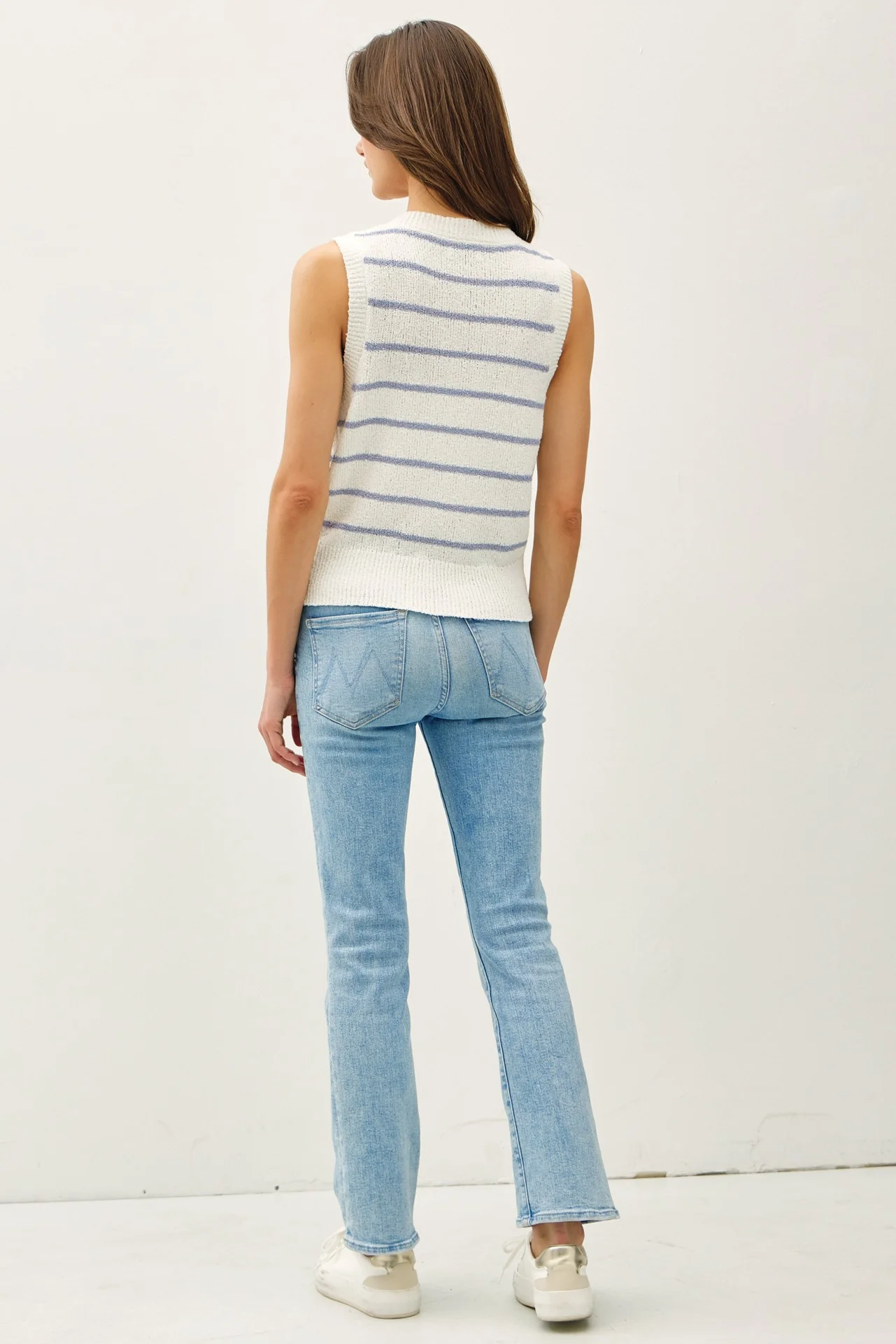 Stella V Neck Button Up Striped Vest in Slate Blue