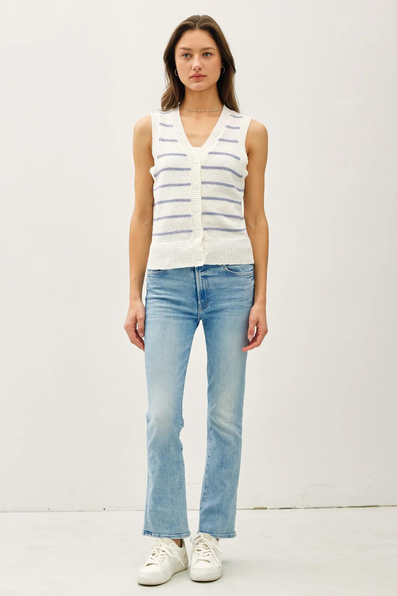 Stella V Neck Button Up Striped Vest in Slate Blue