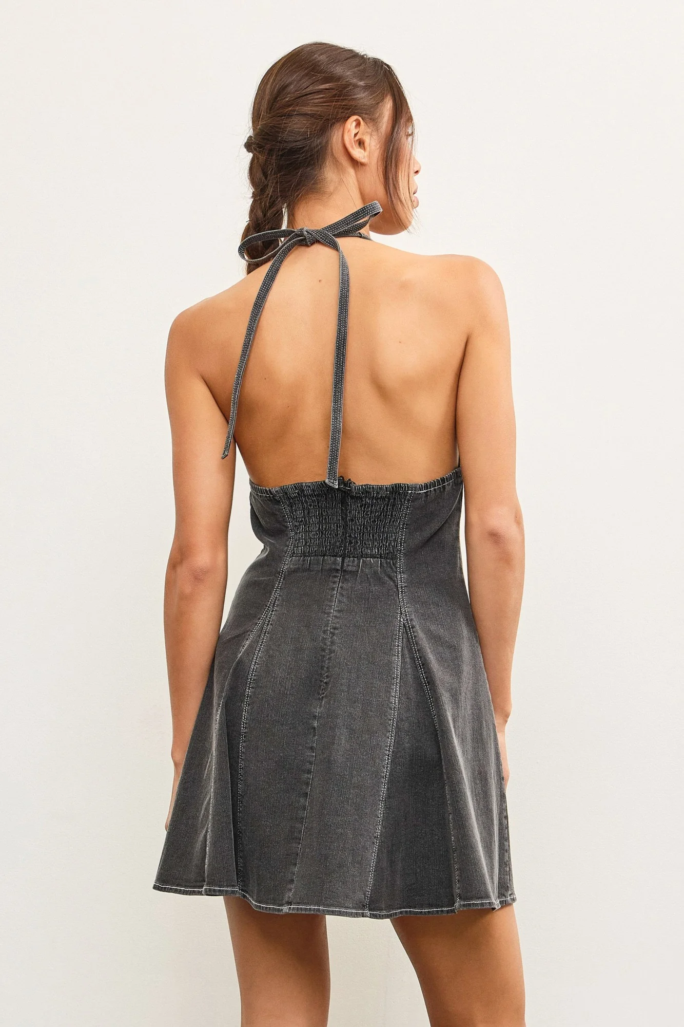 Fit and Flare Mini Denim Dress In Washed Black