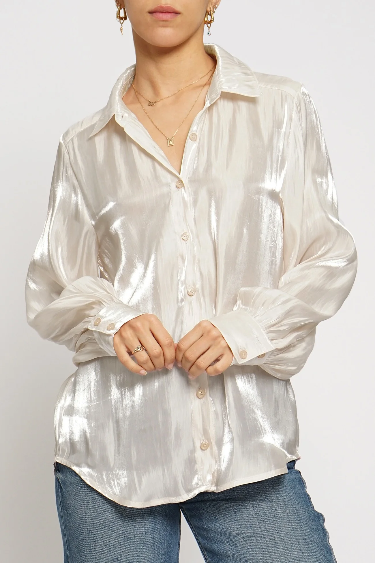 Shimmer Tonight Iridescent Button Down In Champagne FINAL SALE