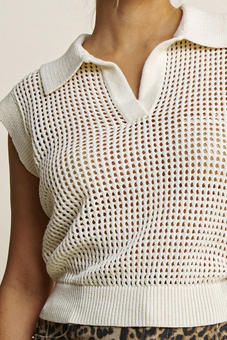 Beautiful Day Colloared Crochet Sweater Top in White