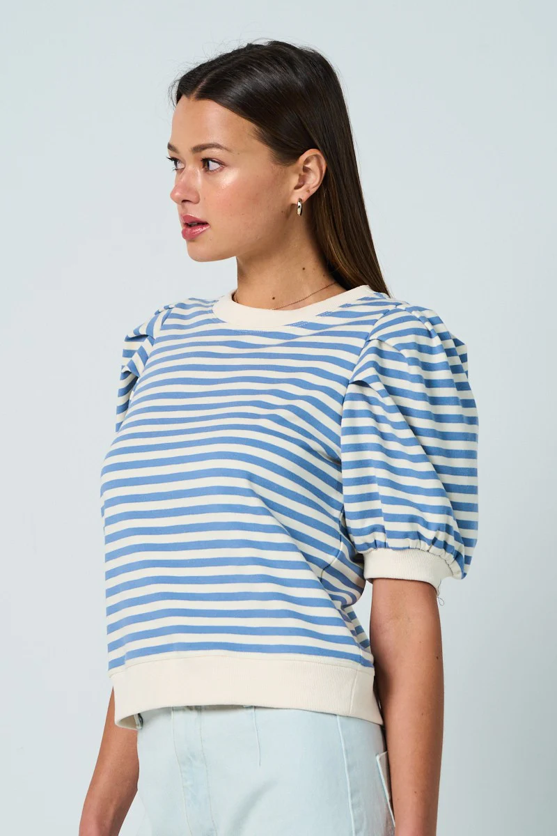 Jen Puff Sleeve Striped Top in Light Blue