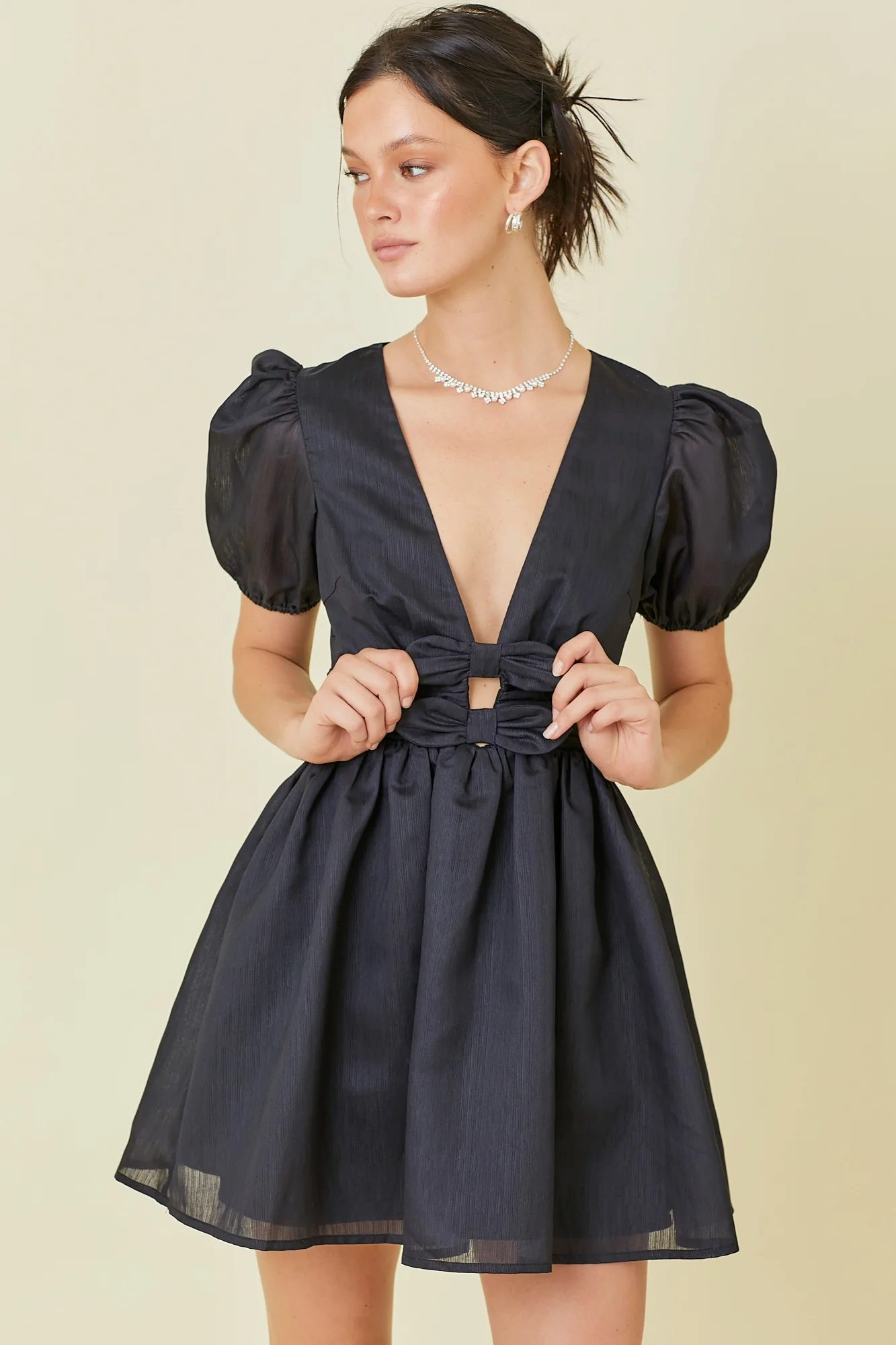 Alexis Deep V Bow Detail Black Party Dress