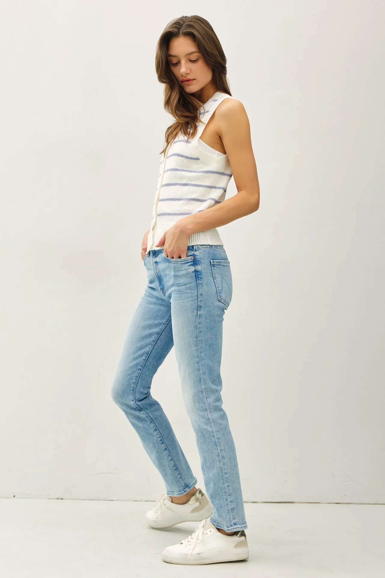 Stella V Neck Button Up Striped Vest in Slate Blue