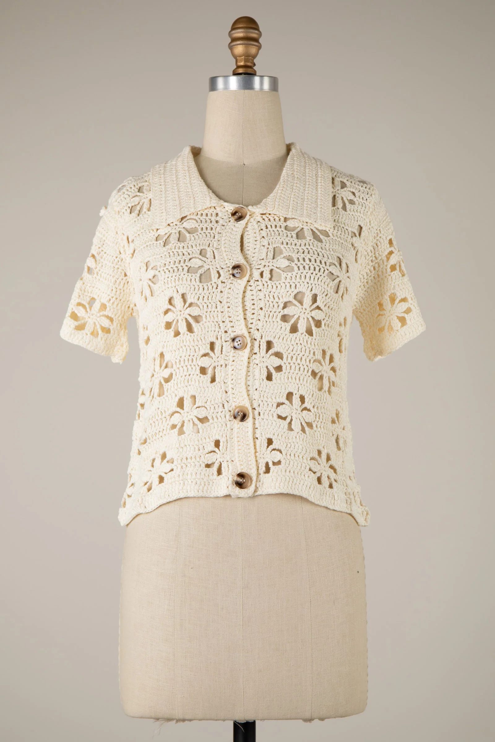 Button Down Crochet Collared Sweater MORE COLORS