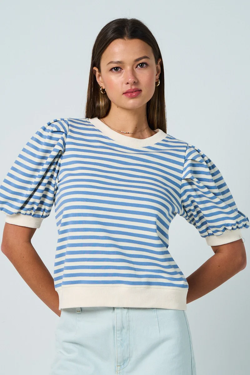 Jen Puff Sleeve Striped Top in Light Blue