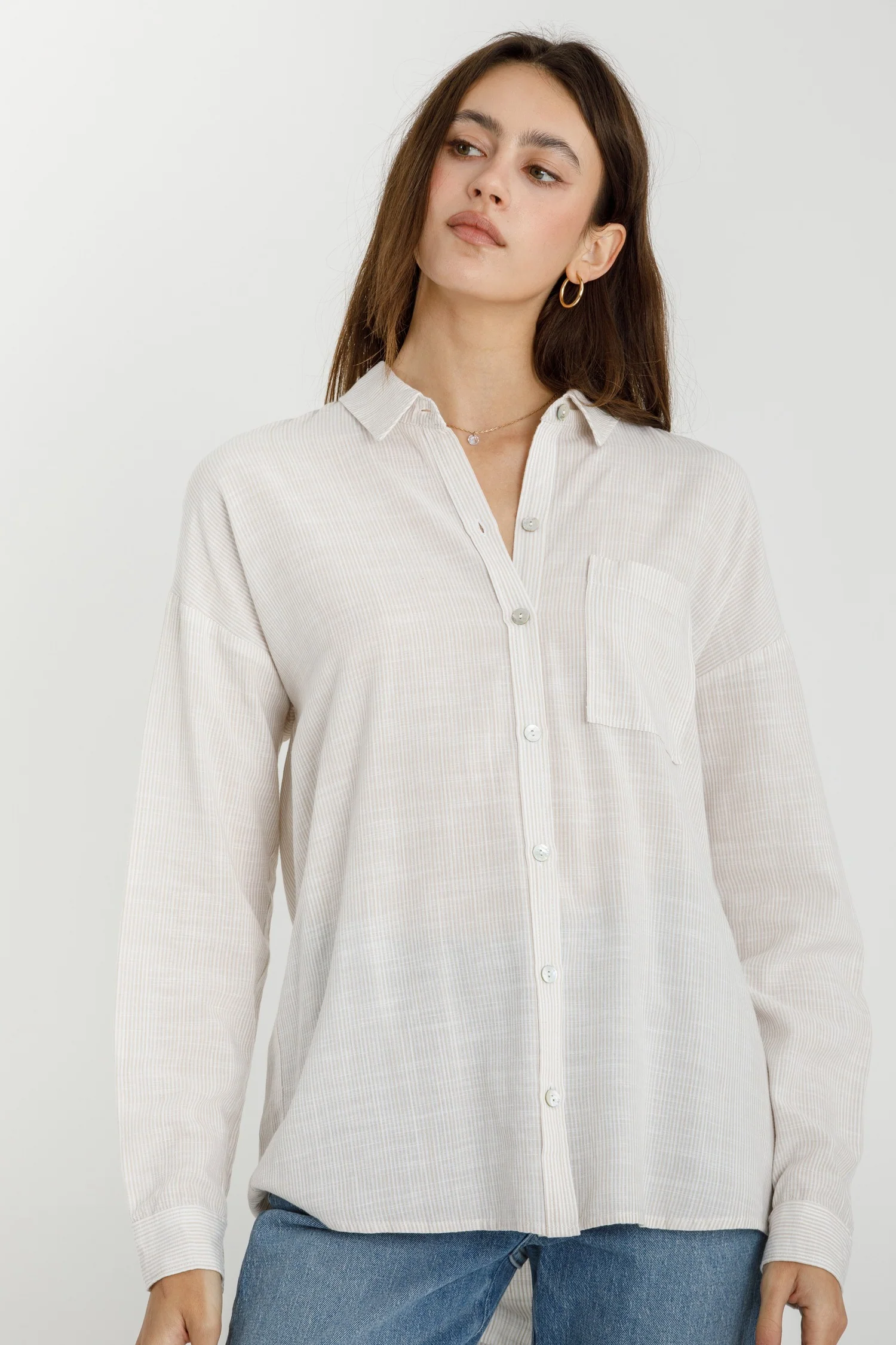 Shoreline Thin Stripe Button Down Top in Taupe