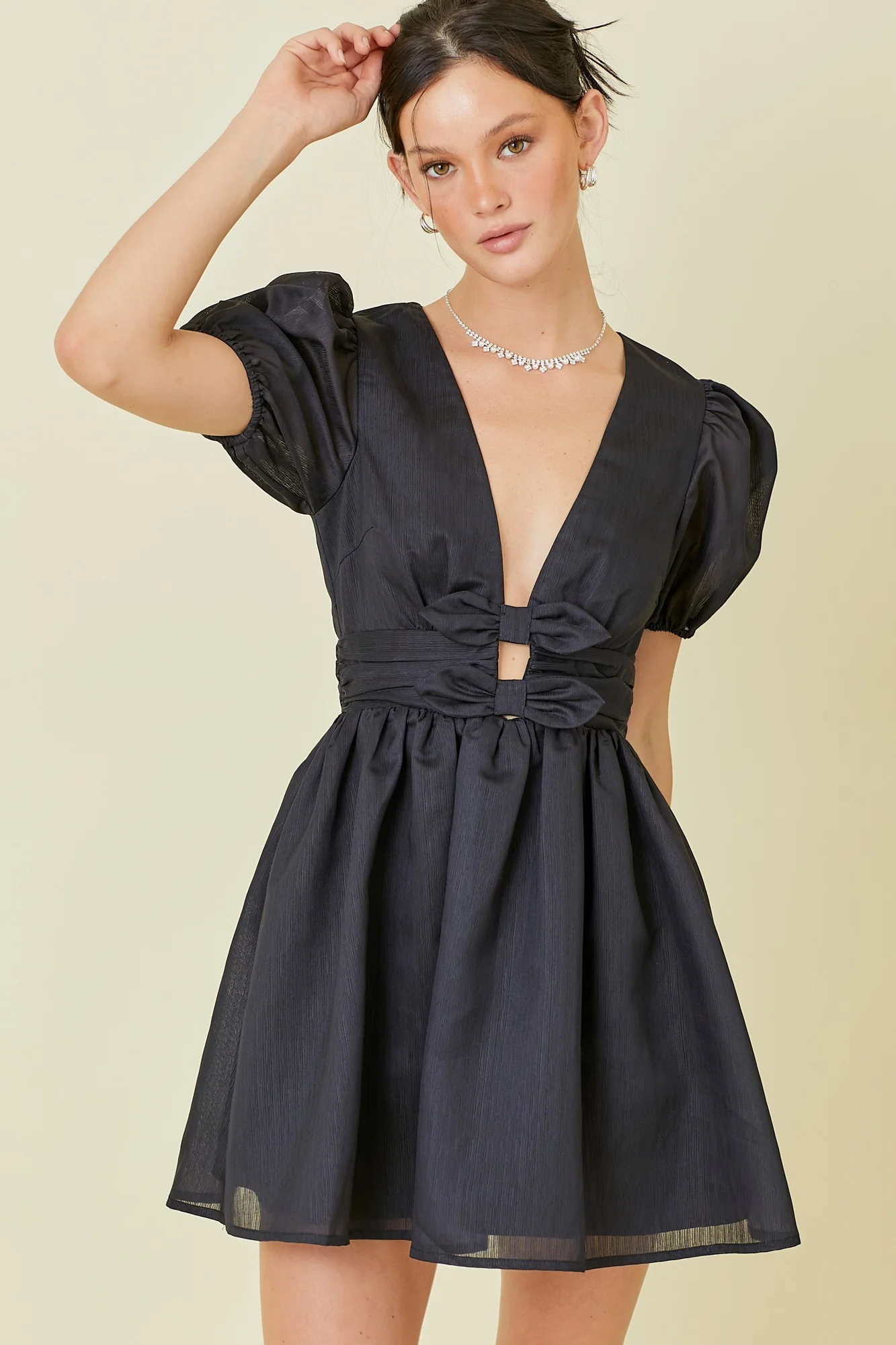 Alexis Deep V Bow Detail Black Party Dress