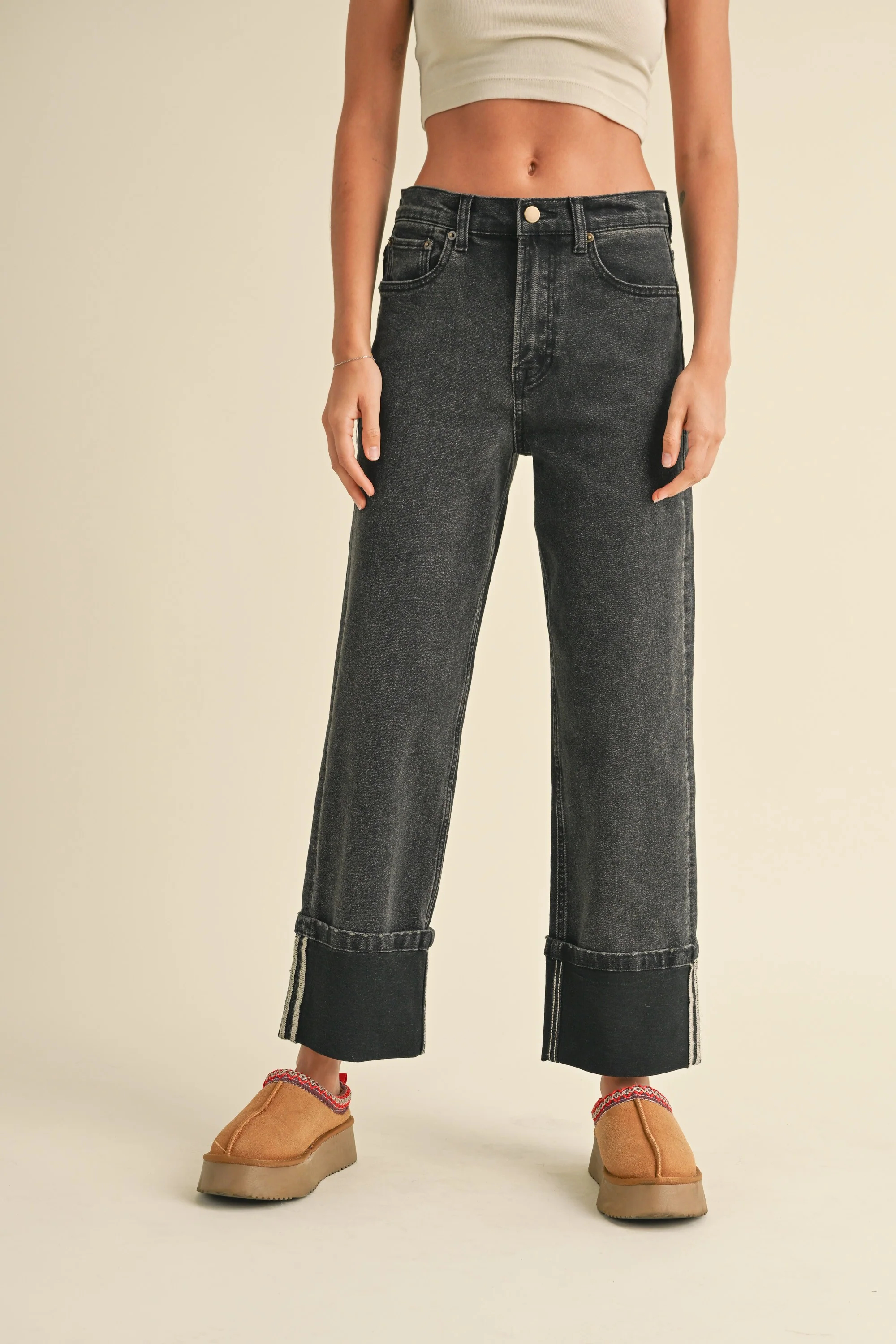 Denim Cuff Bottom Pant in Balck Wash