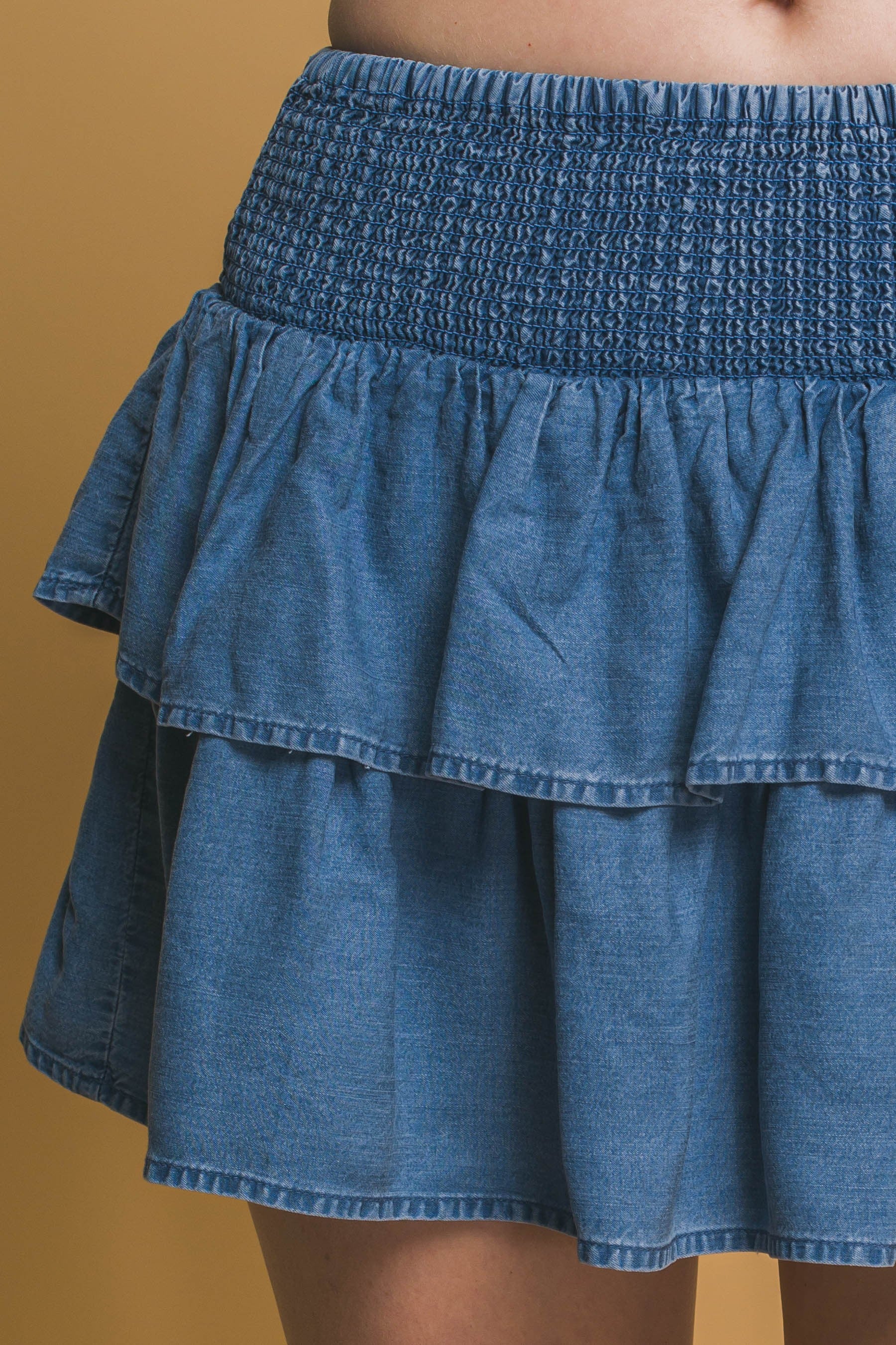 Ruffle Tiered Tencel Smock Skirt in Denim Blue