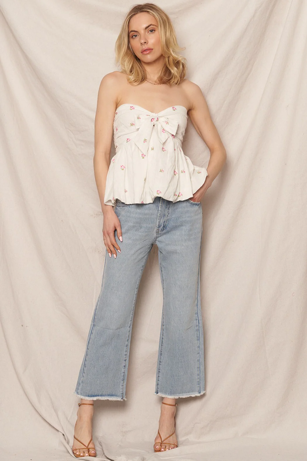 Embroidered Flower Tie Front Tube Top