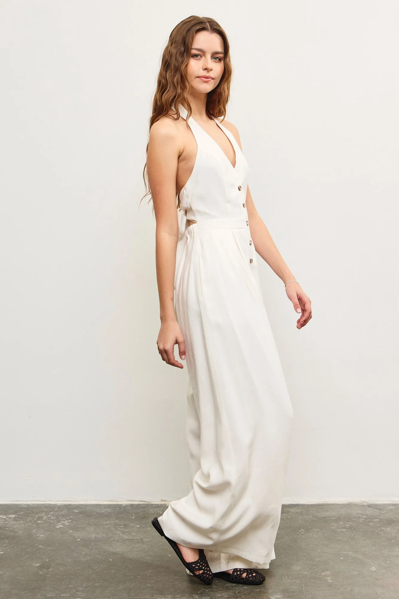 Blakely Button Front Halter Jumpsuit in Oatmeal