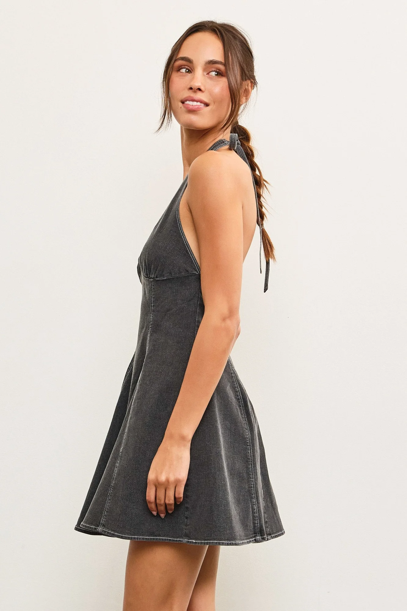 Fit and Flare Mini Denim Dress In Washed Black
