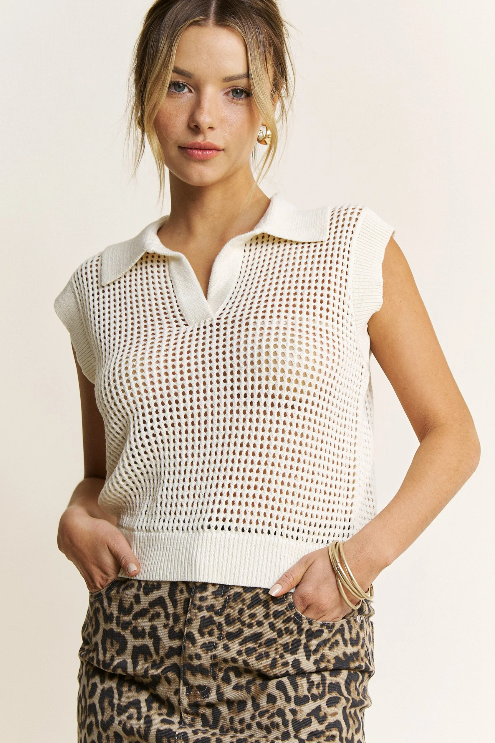 Beautiful Day Colloared Crochet Sweater Top in White