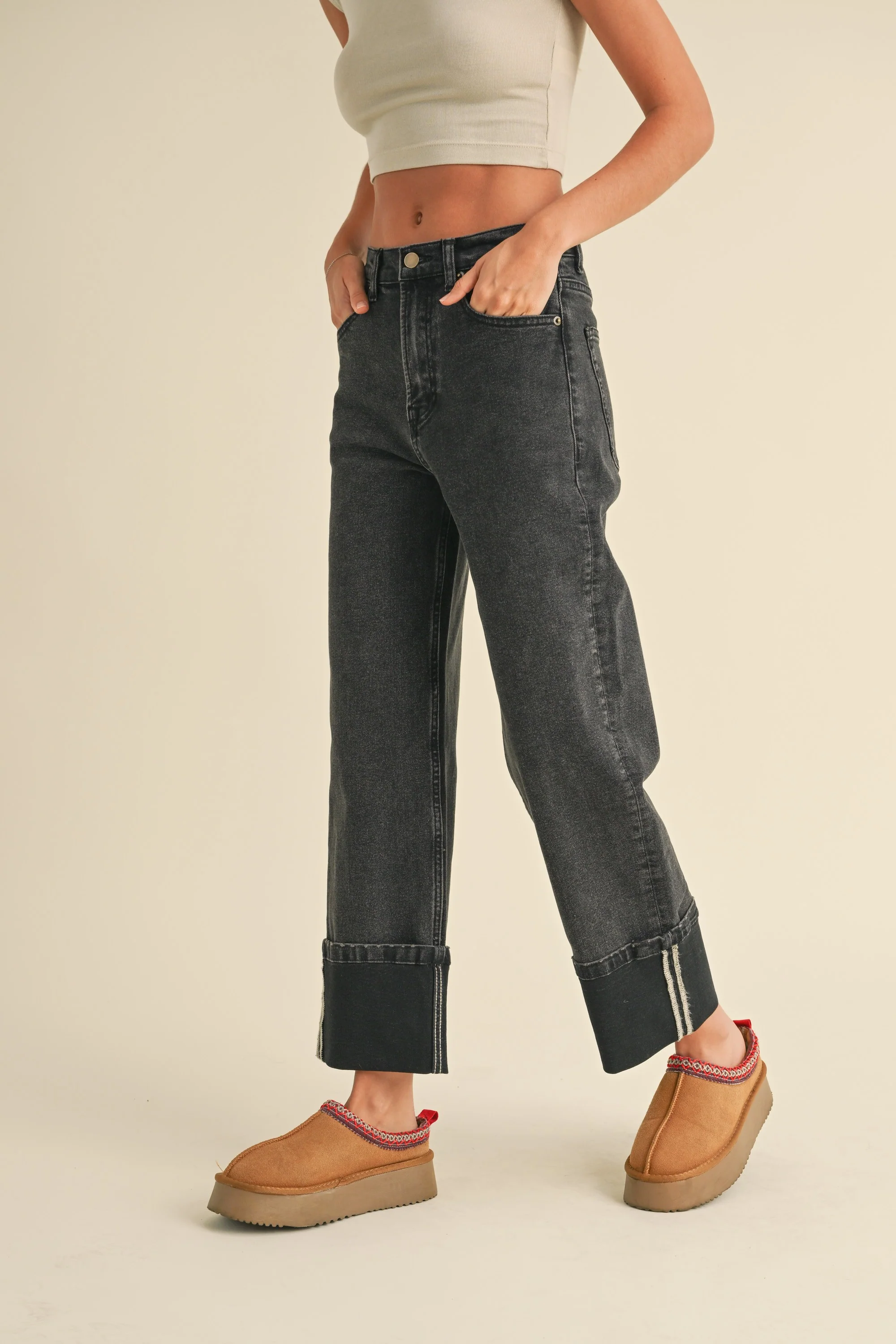 Denim Cuff Bottom Pant in Balck Wash