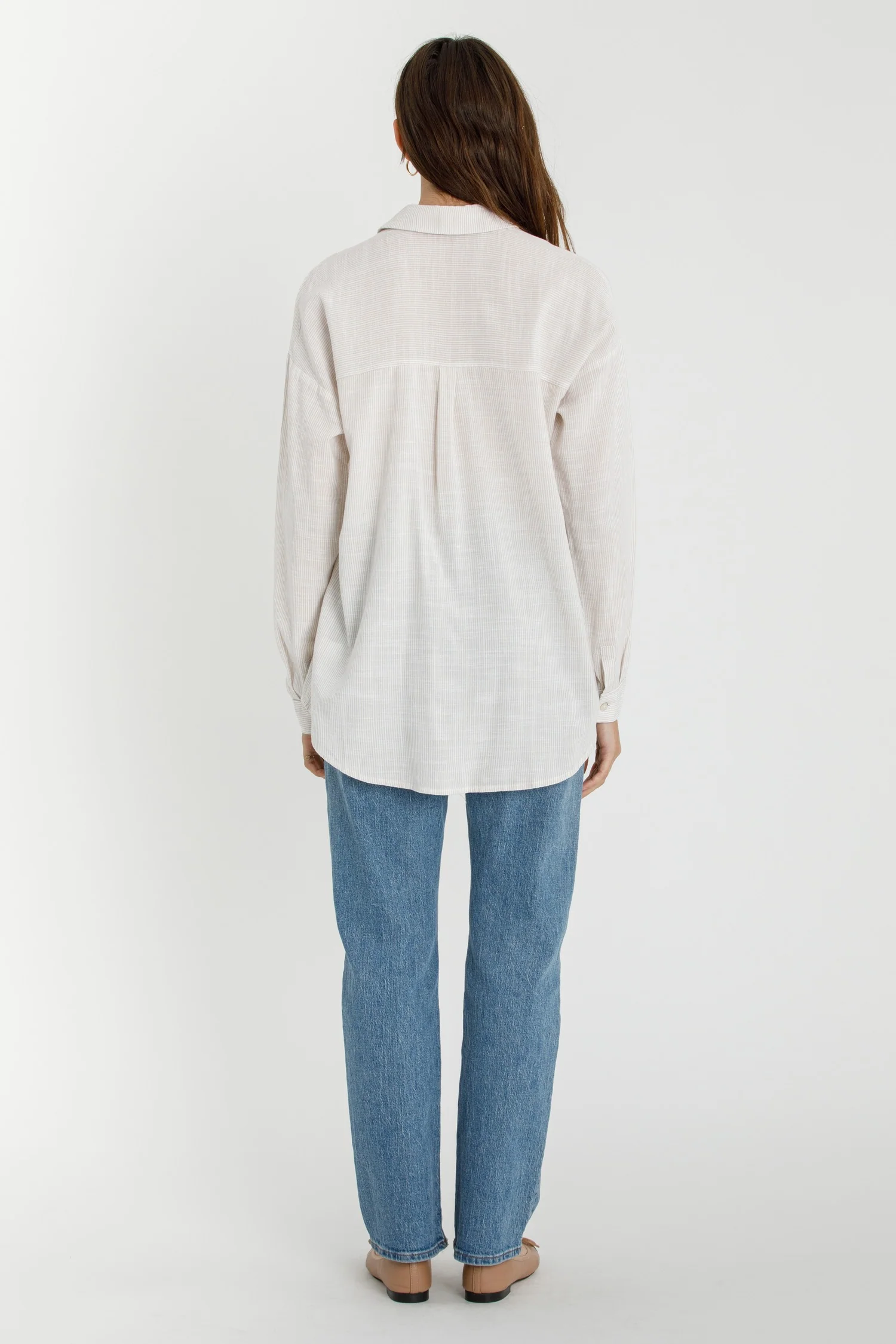 Shoreline Thin Stripe Button Down Top in Taupe