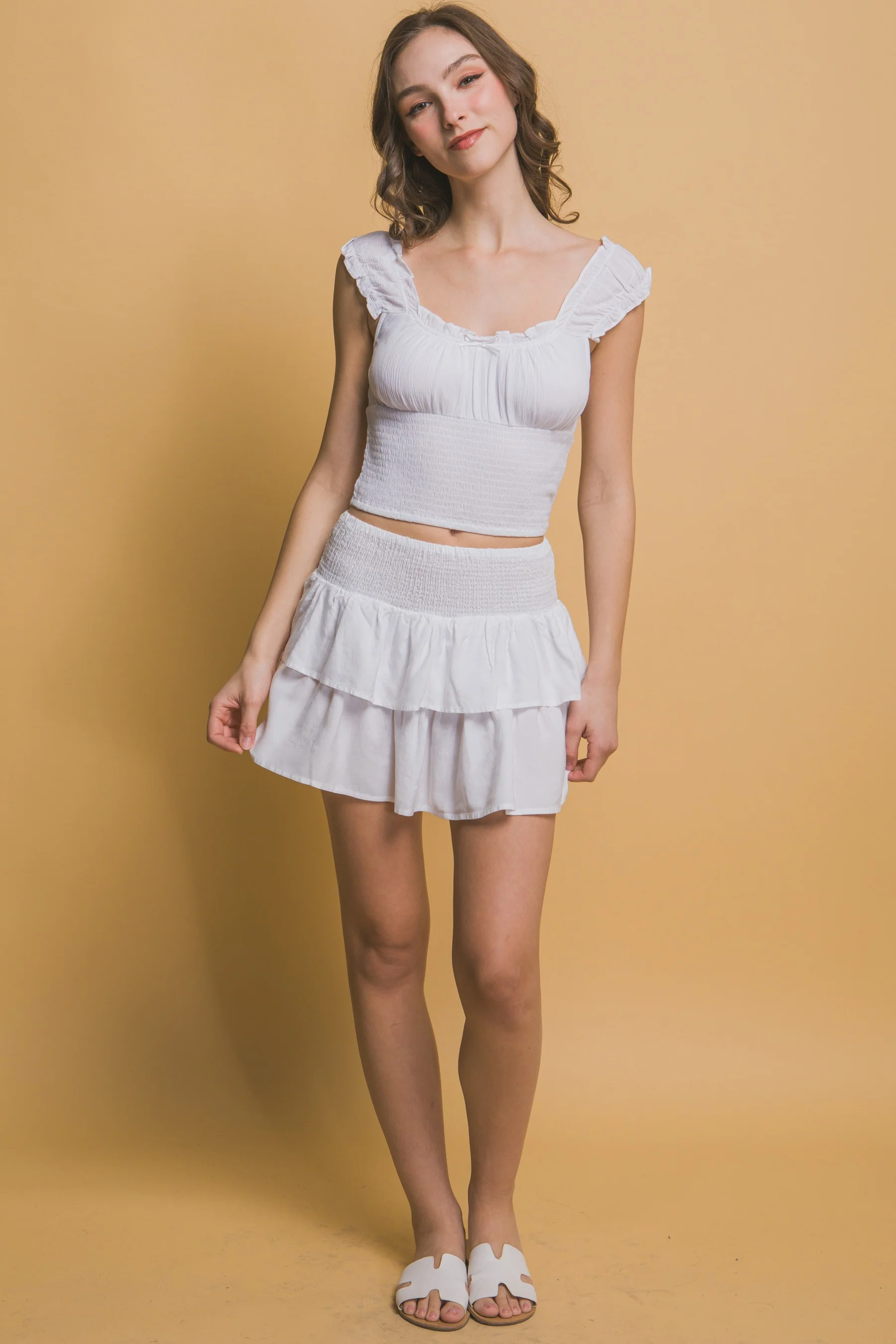 Ruffle Tiered Tencel Smock Skirt in White
