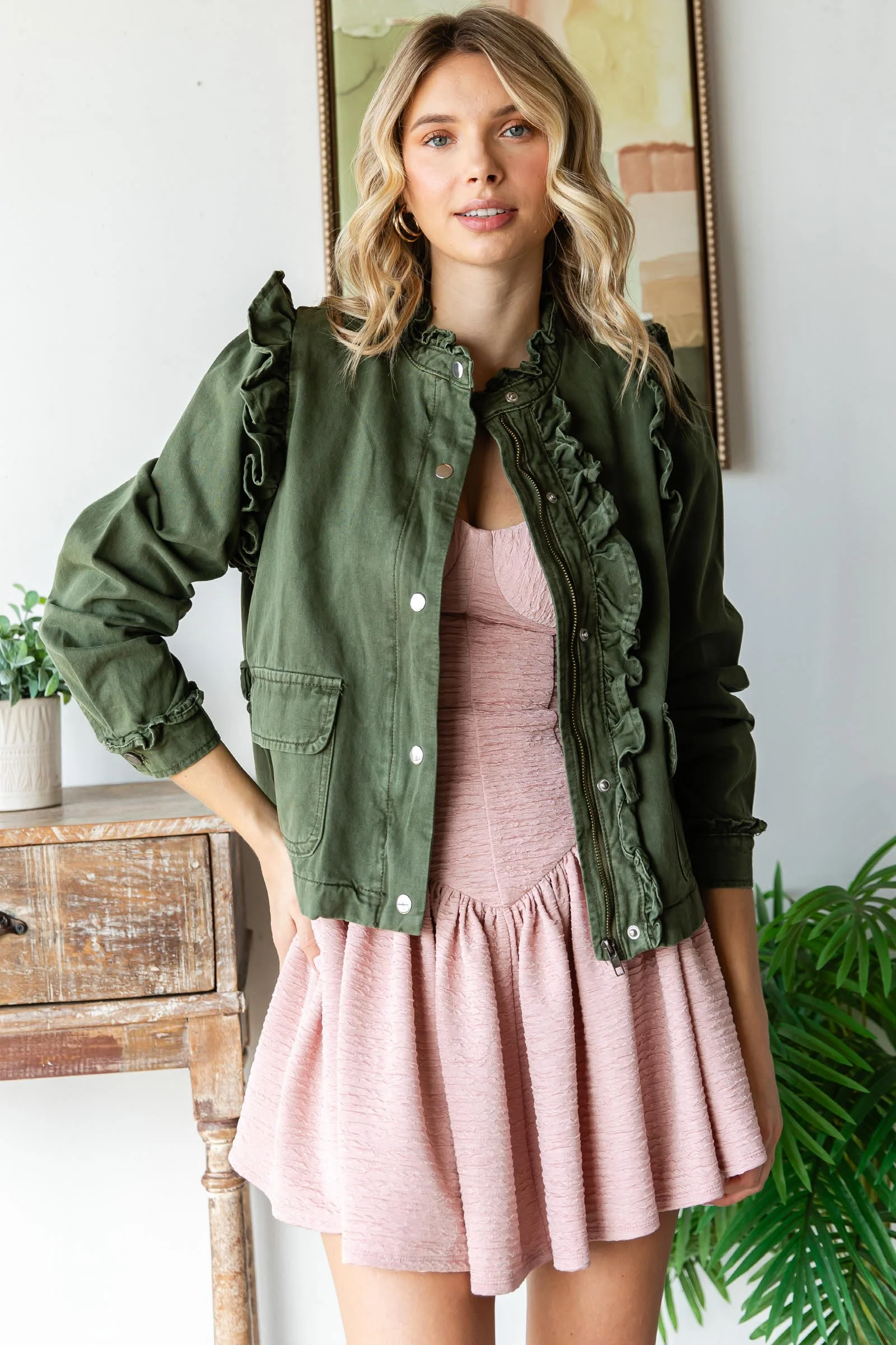 Olive You Ruffle Canvas Jacket