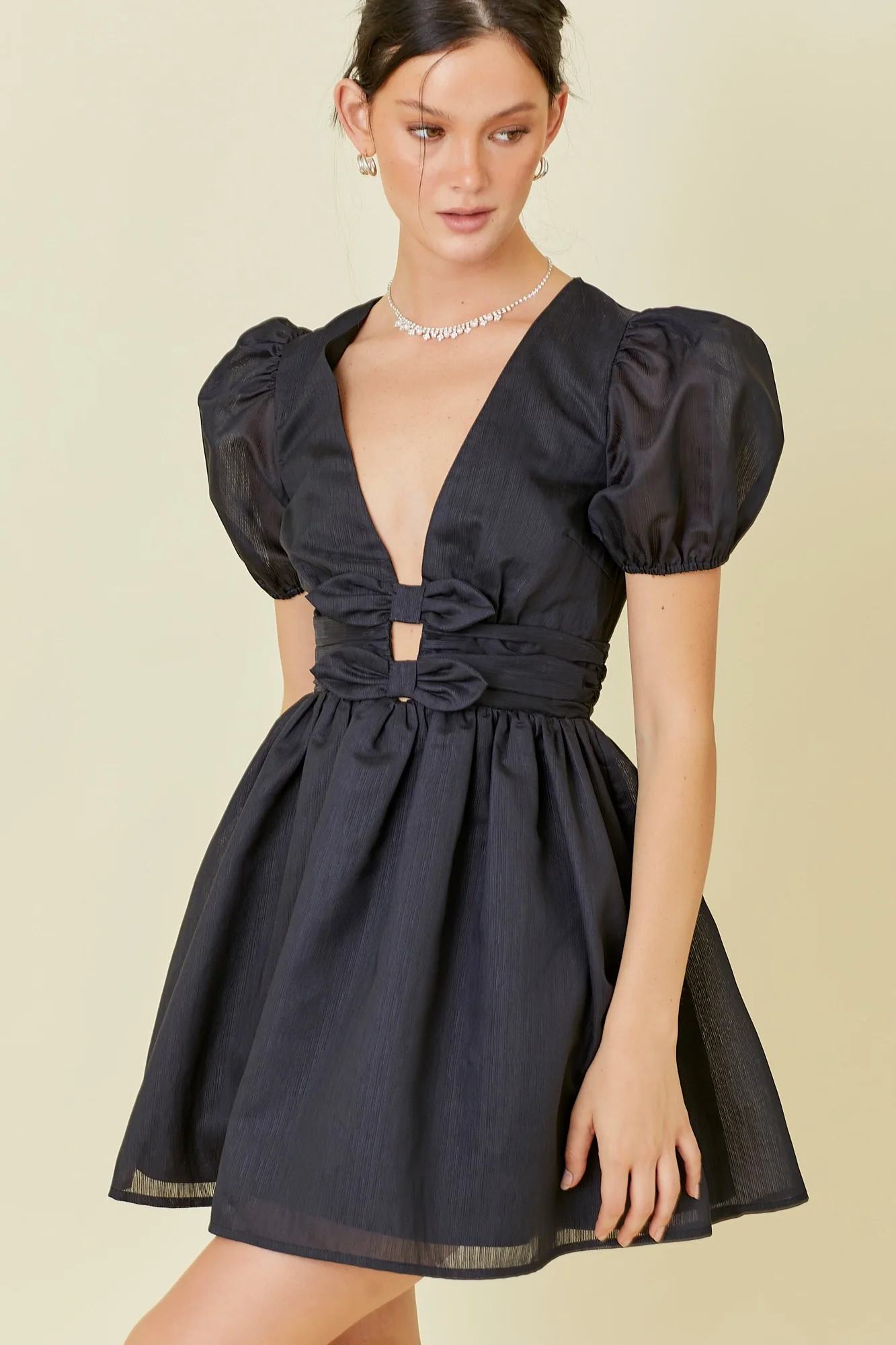 Alexis Deep V Bow Detail Black Party Dress