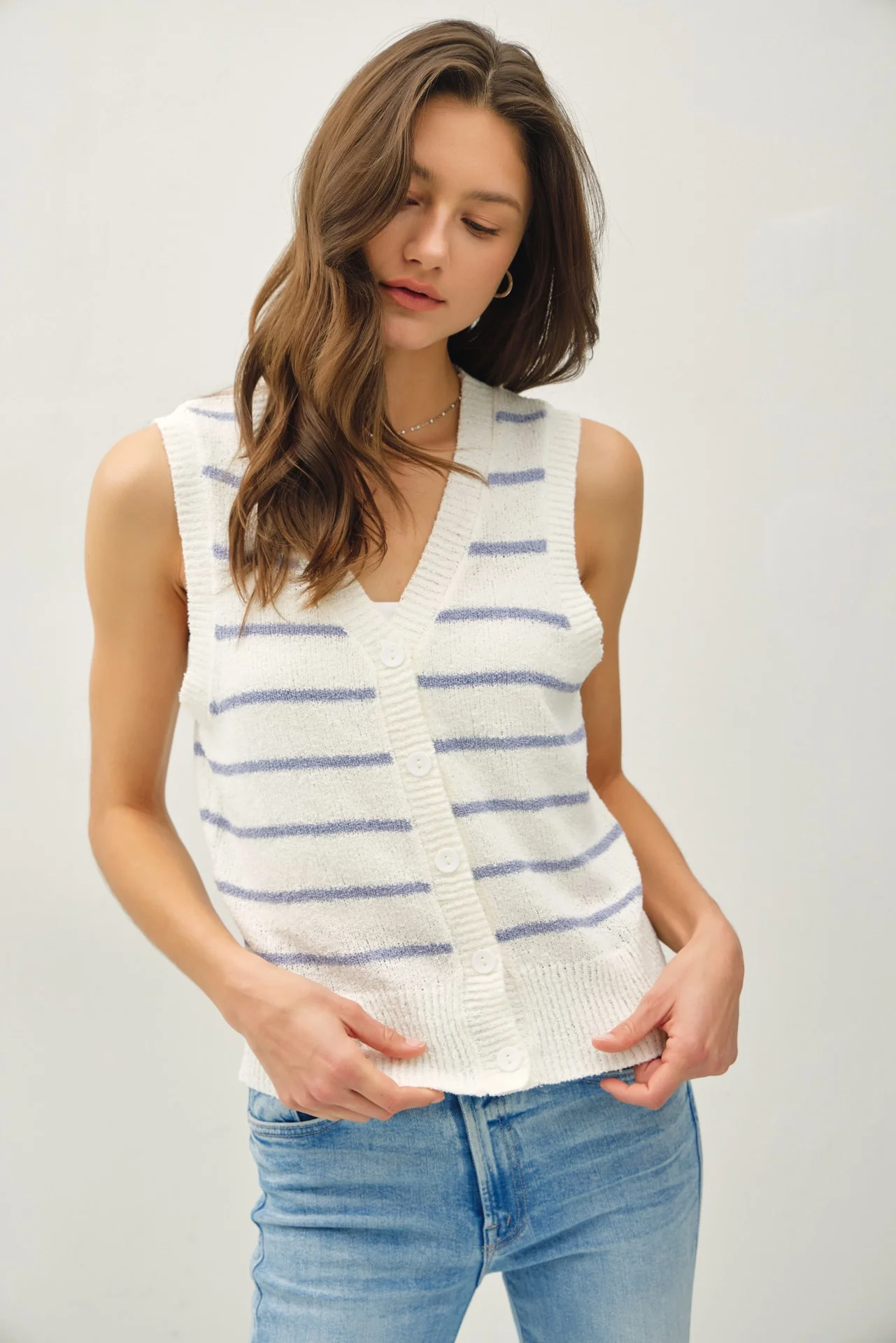 Stella V Neck Button Up Striped Vest in Slate Blue
