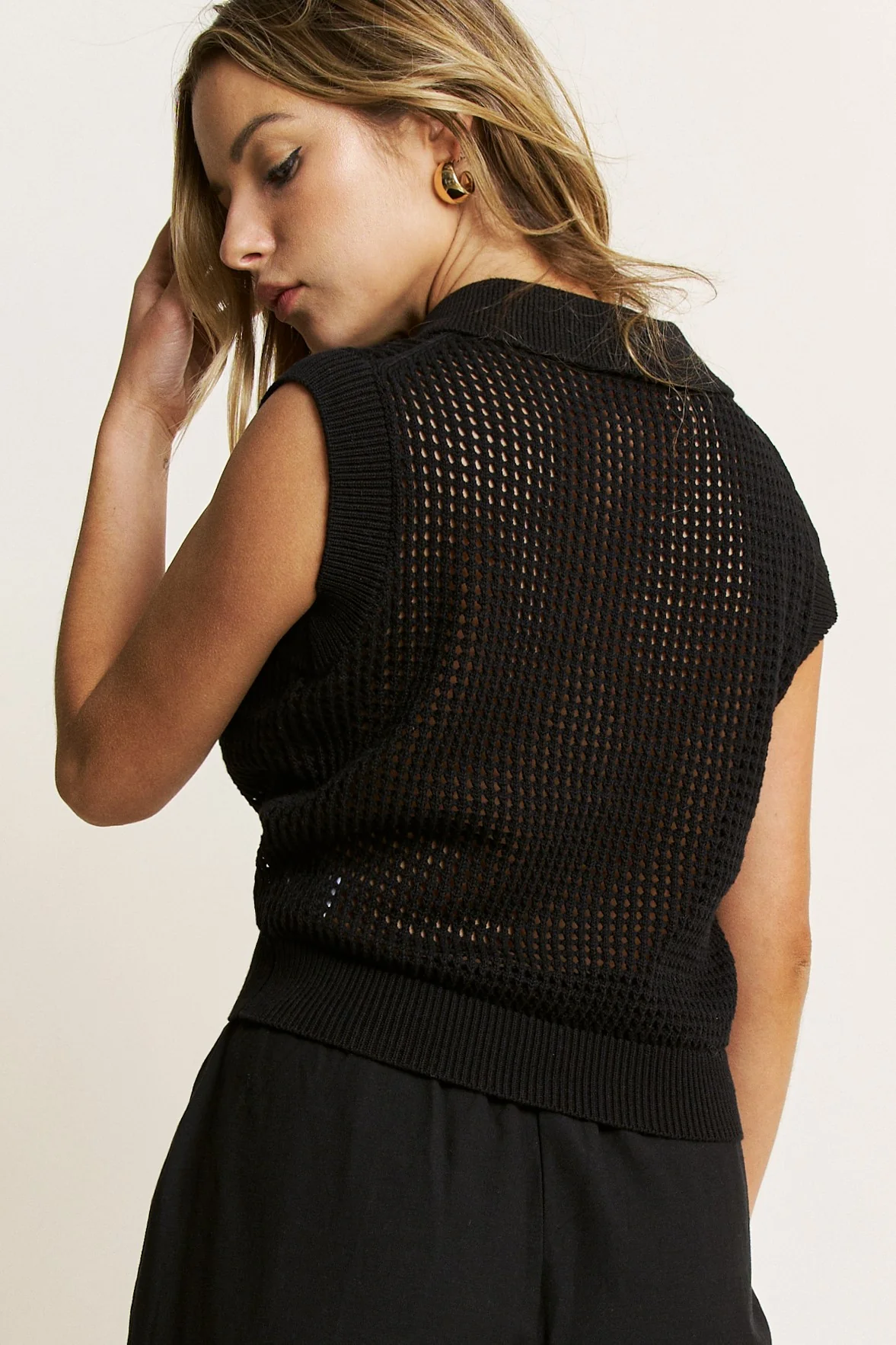 Beautiful Day Colloared Crochet Sweater Top in Black