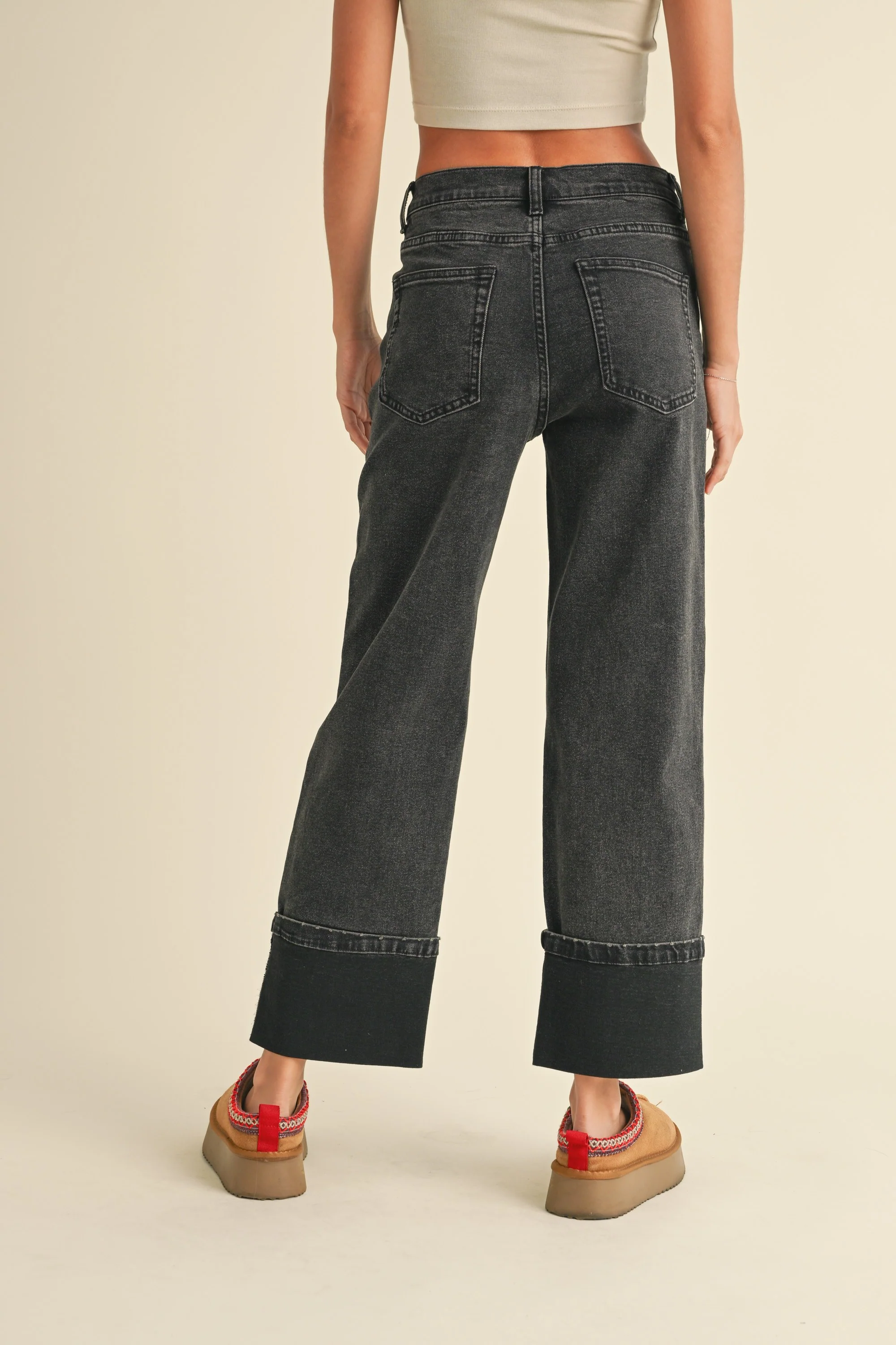 Denim Cuff Bottom Pant in Balck Wash