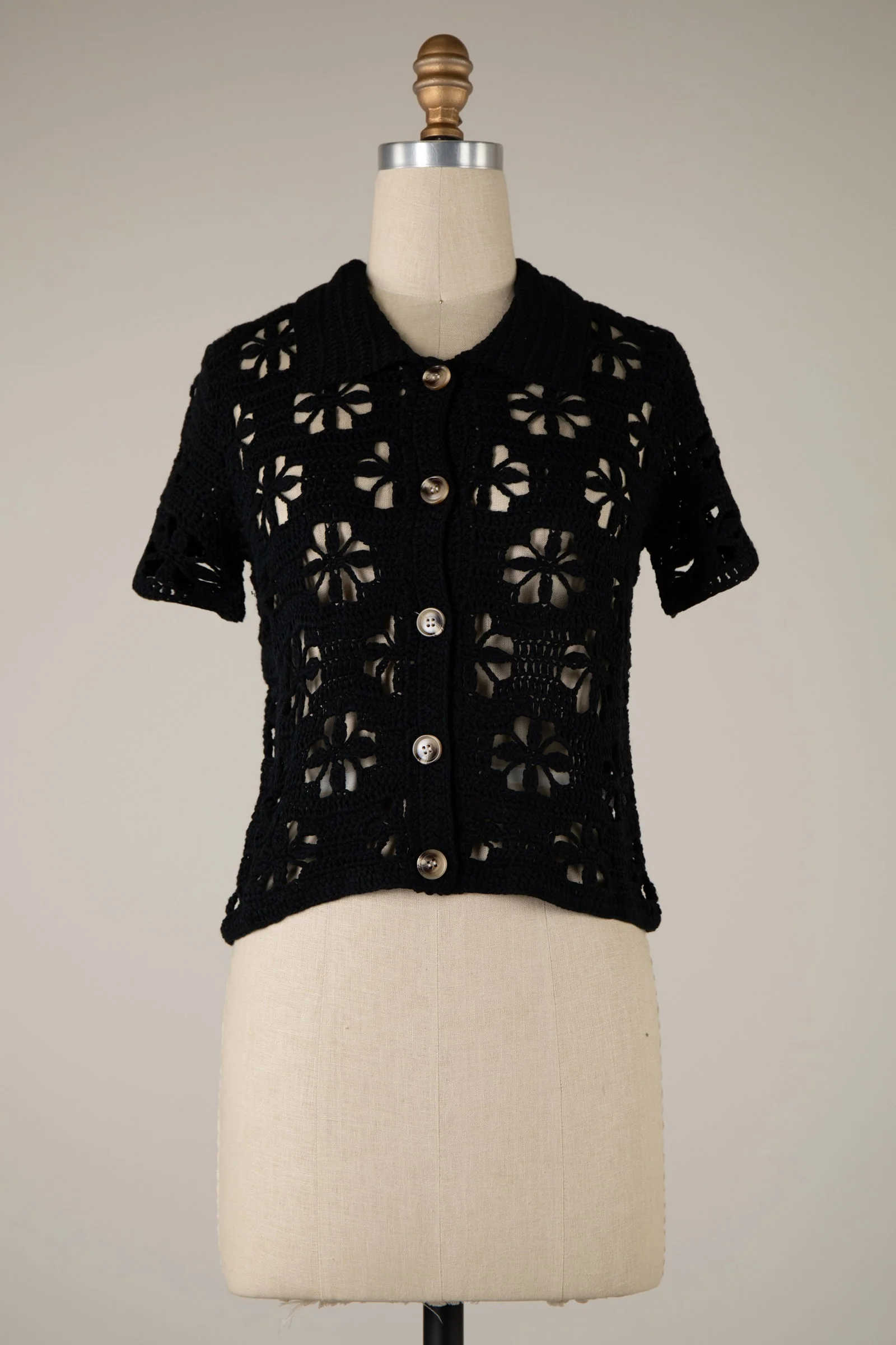 Button Down Crochet Collared Sweater MORE COLORS