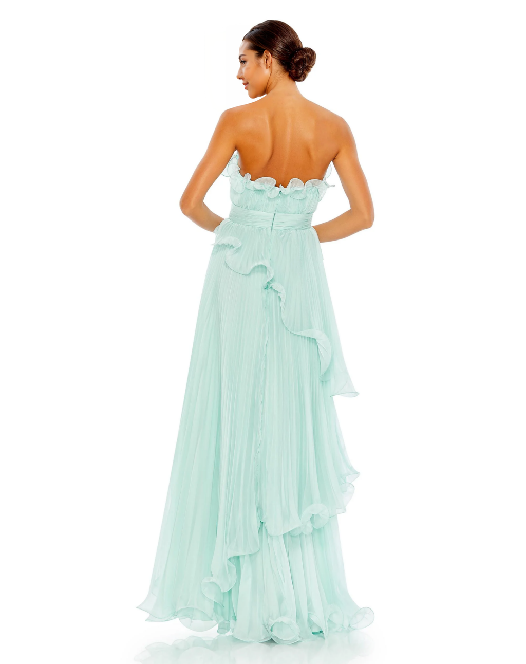 Pleated Tiered Ruffled Strapless Gown