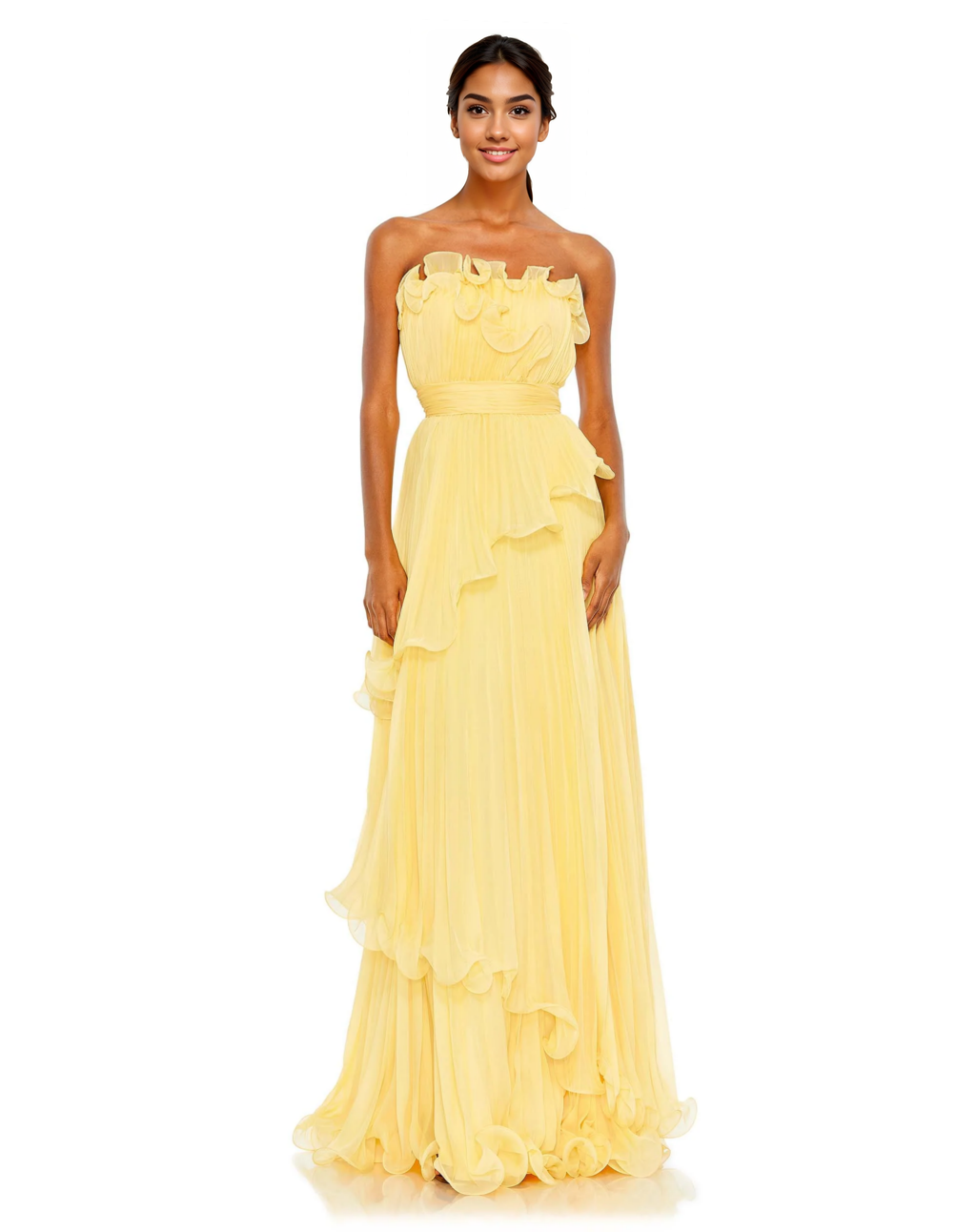 Pleated Tiered Ruffled Strapless Gown