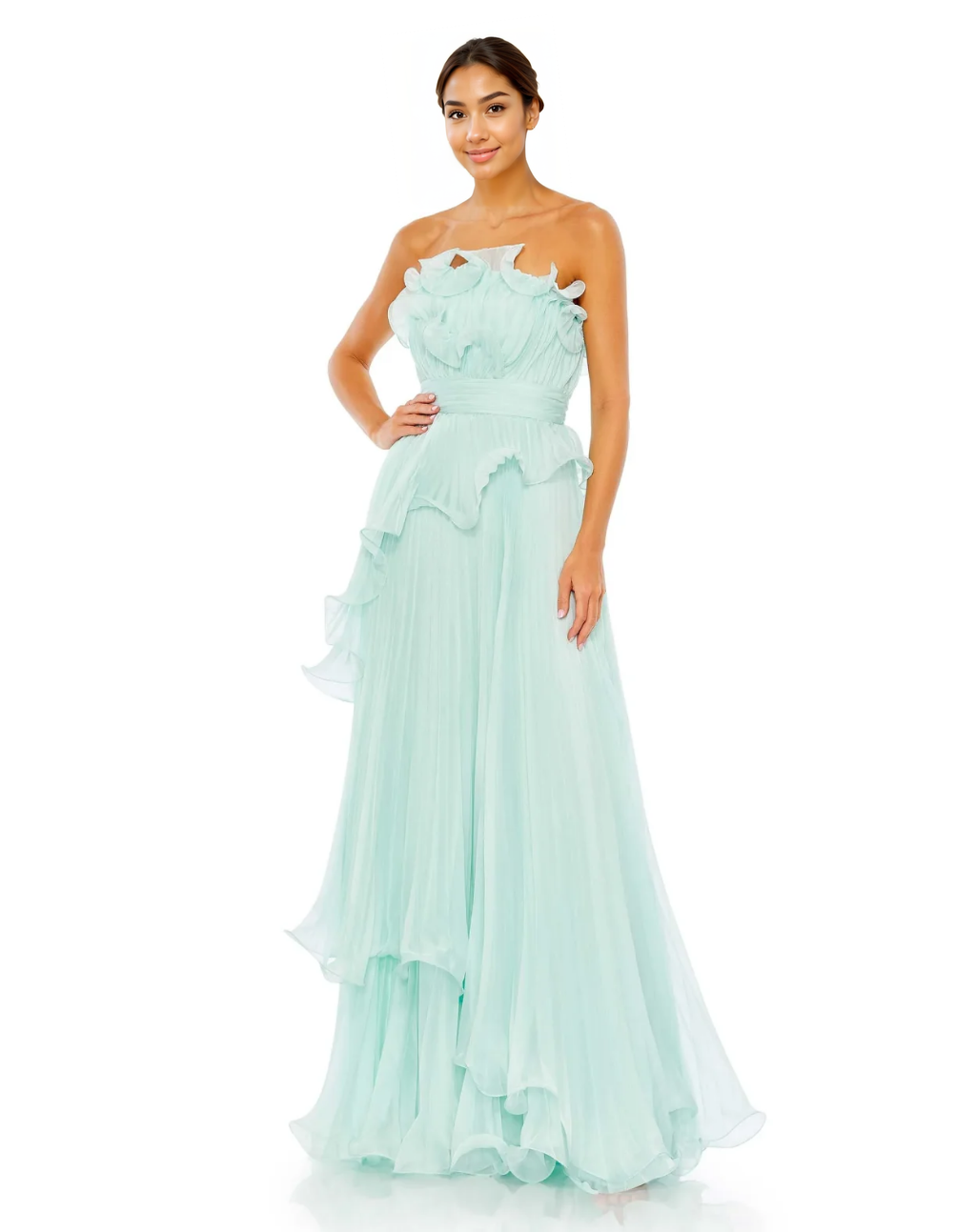 Pleated Tiered Ruffled Strapless Gown
