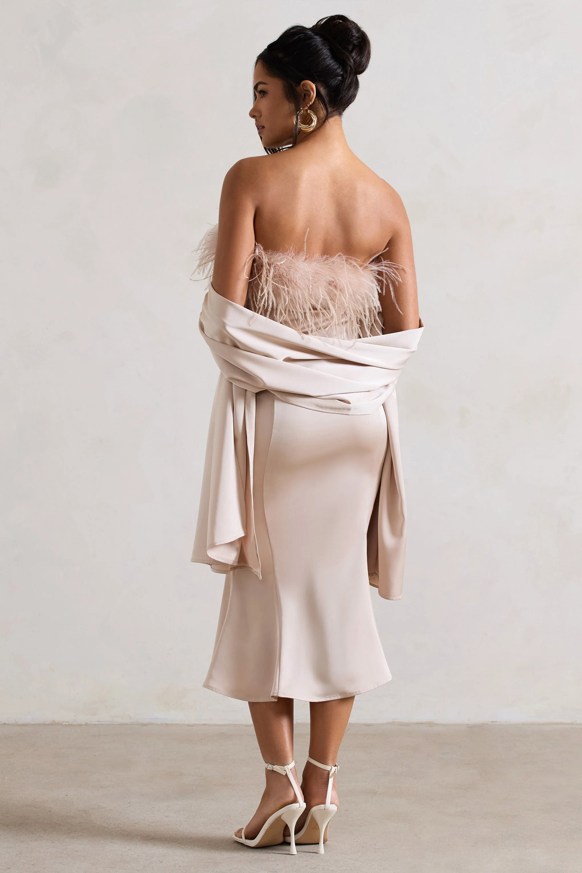 One And Only | Champagne Satin Feather Trim Midi Dress