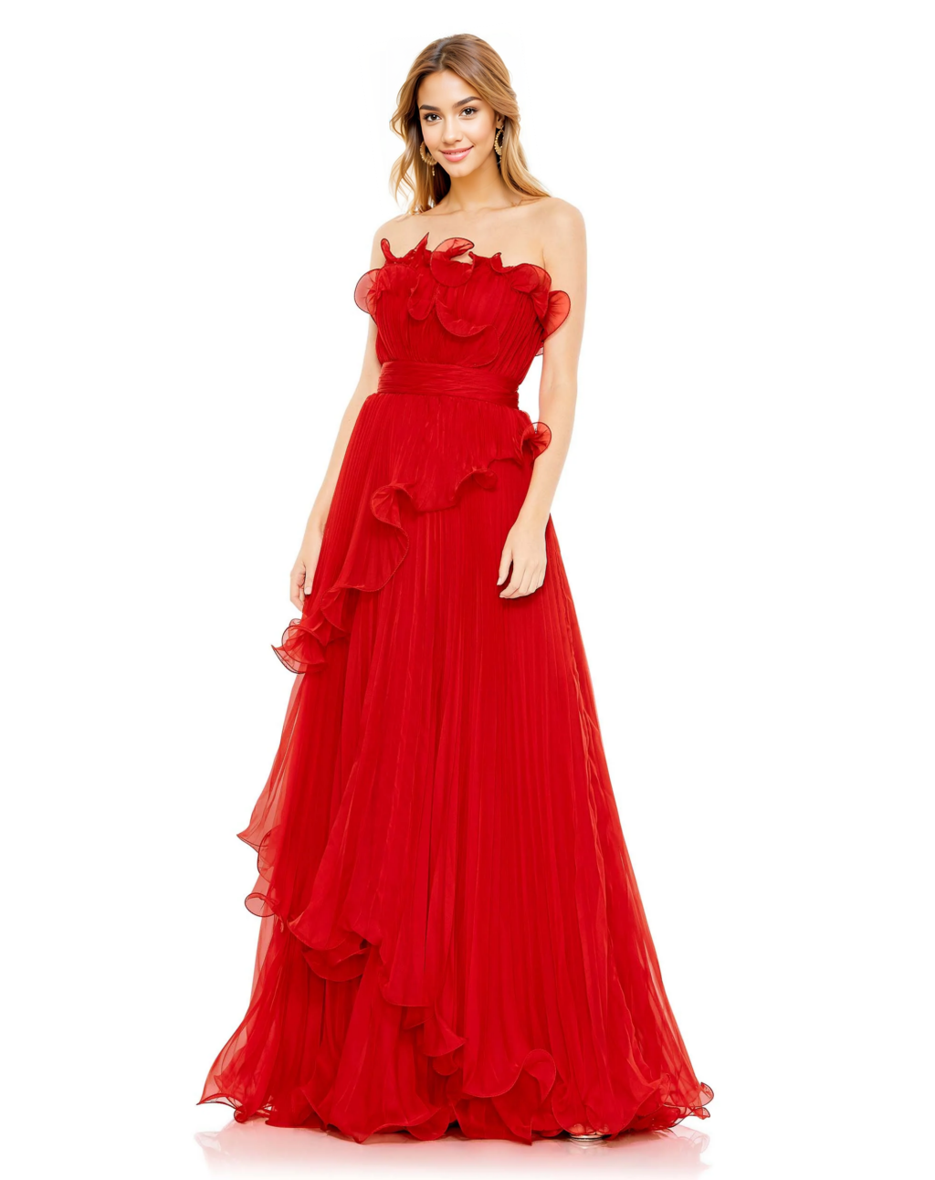 Pleated Tiered Ruffled Strapless Gown