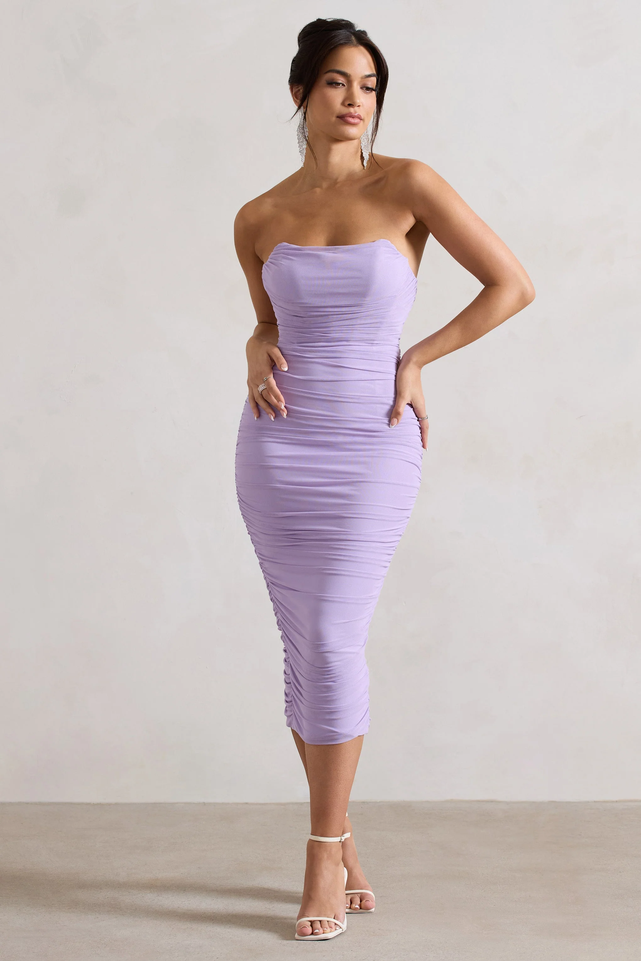 Nylah | Lilac Ruched Corset Bodycon Midi Dress