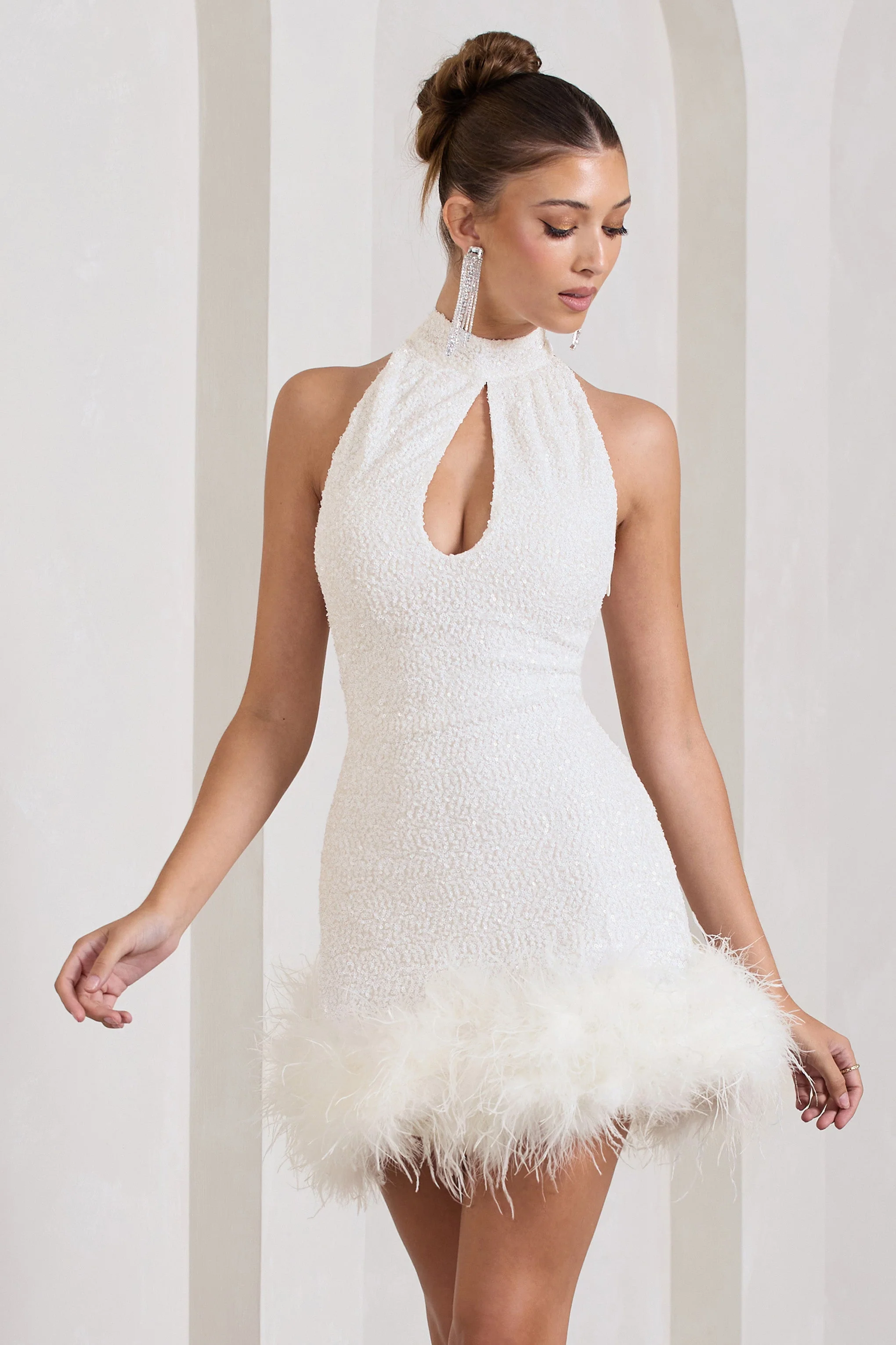 Tillie | White Sequin High Neck Trapeze Mini Dress With Feather Hem Detail