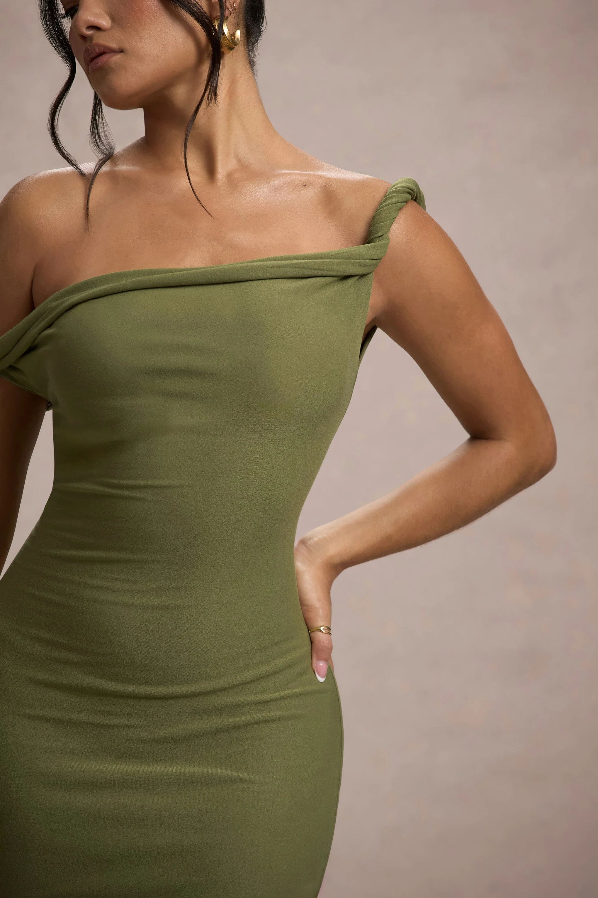 Salome | Olive Twisted Asymmetric Midi Dress