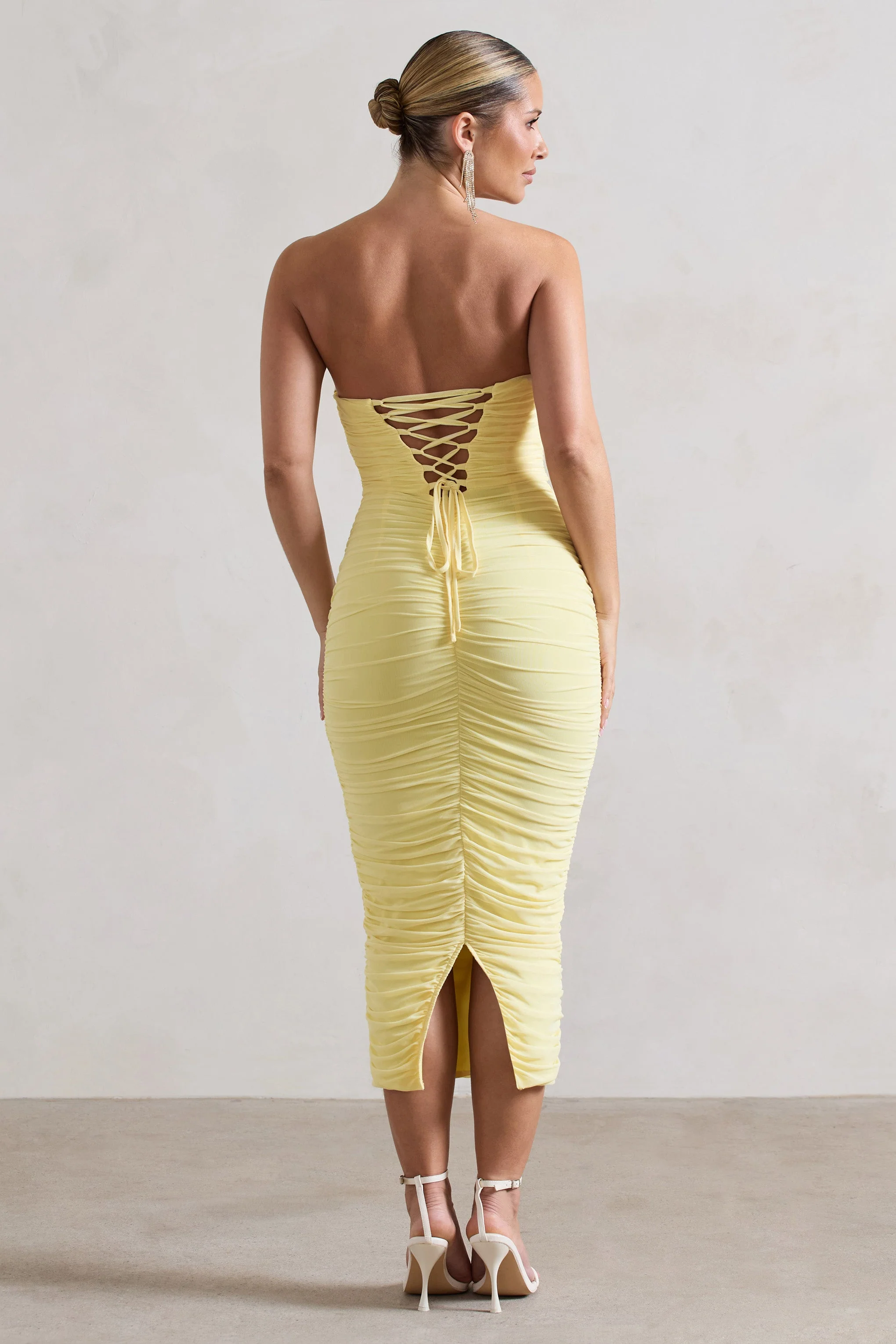 Nylah | Lemon Ruched Corset Bodycon Midi Dress