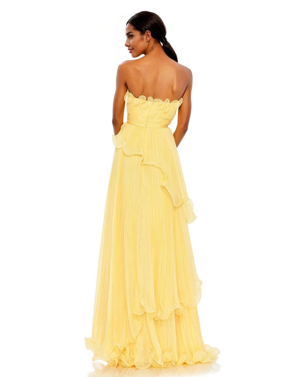 Pleated Tiered Ruffled Strapless Gown