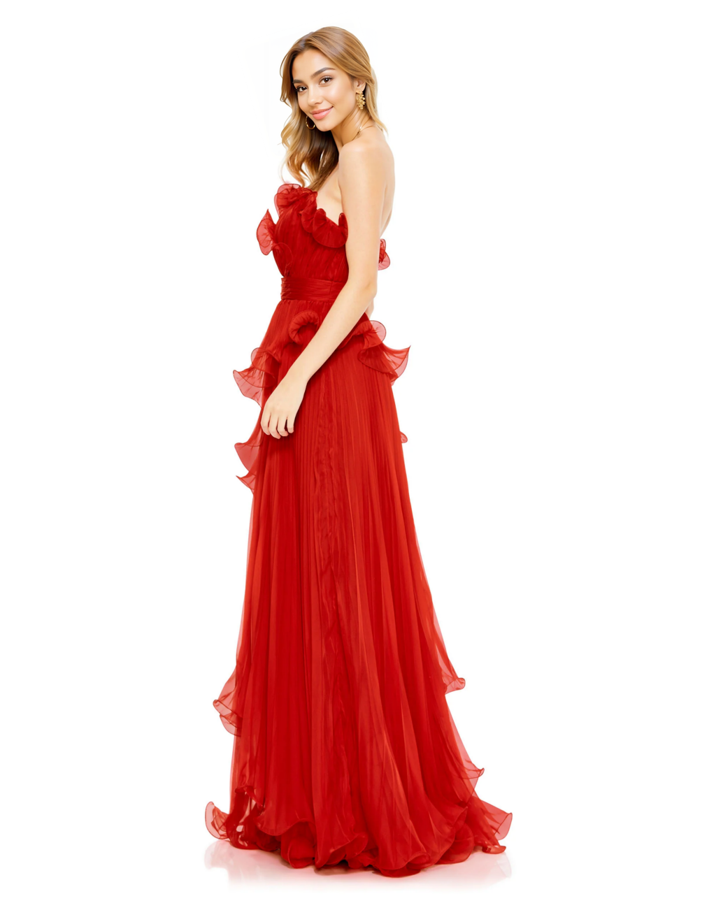 Pleated Tiered Ruffled Strapless Gown
