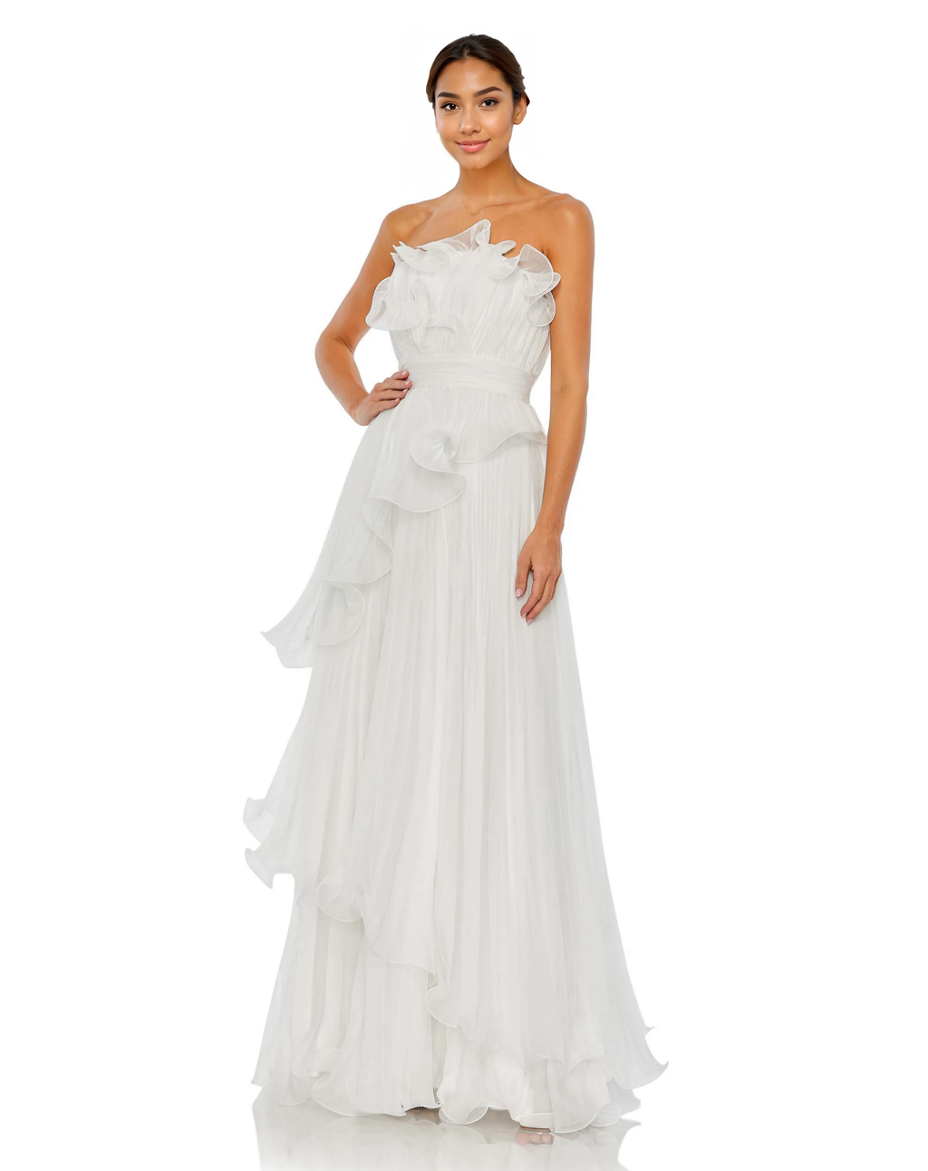 Pleated Tiered Ruffled Strapless Gown
