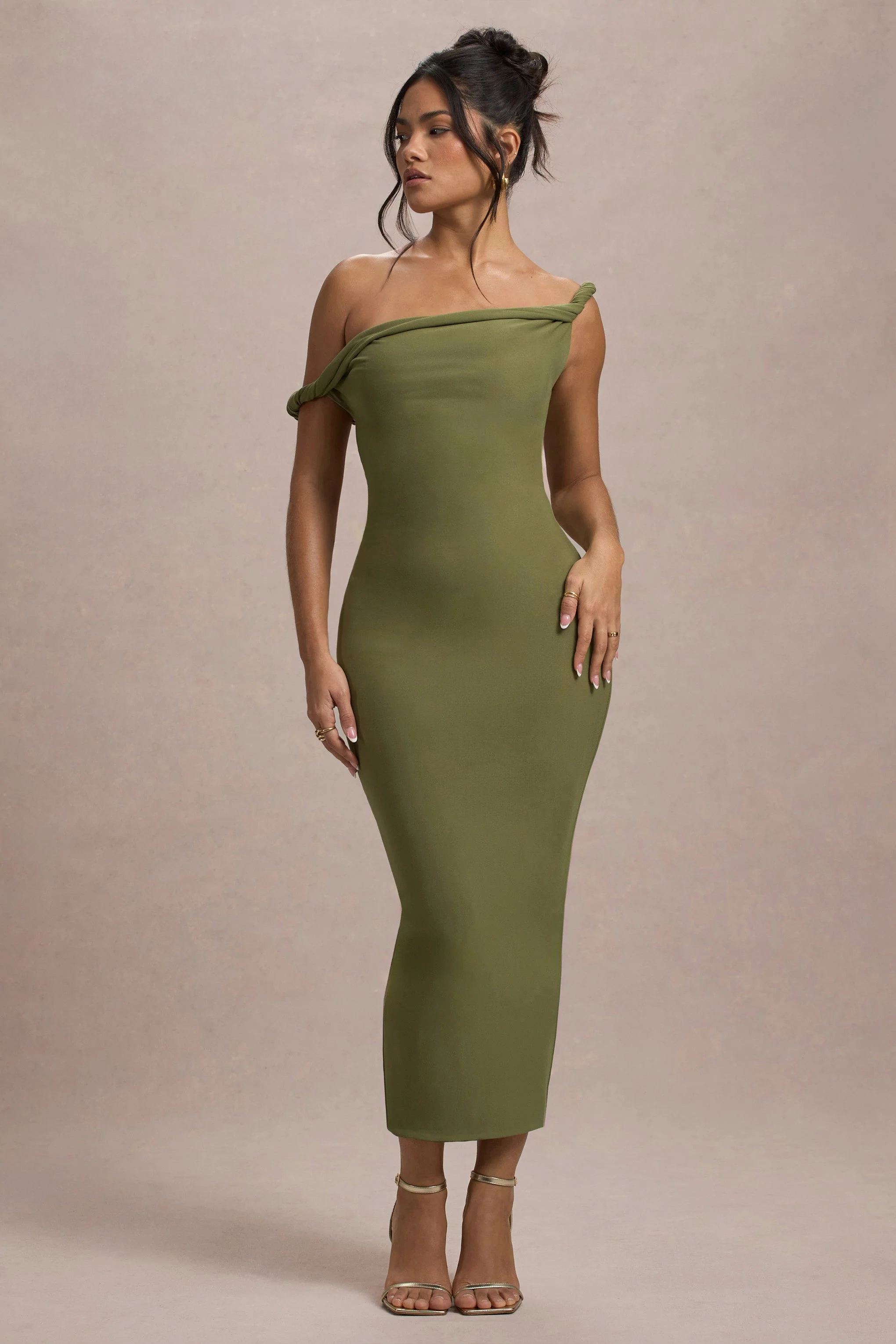 Salome | Olive Twisted Asymmetric Midi Dress