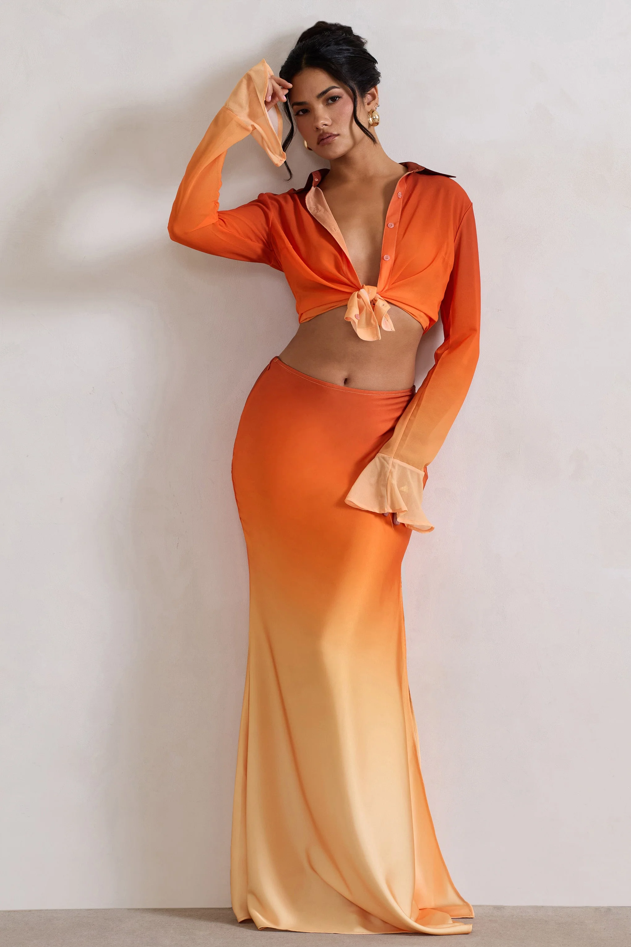 Serita | Orange Ombre Satin Split Maxi Skirt