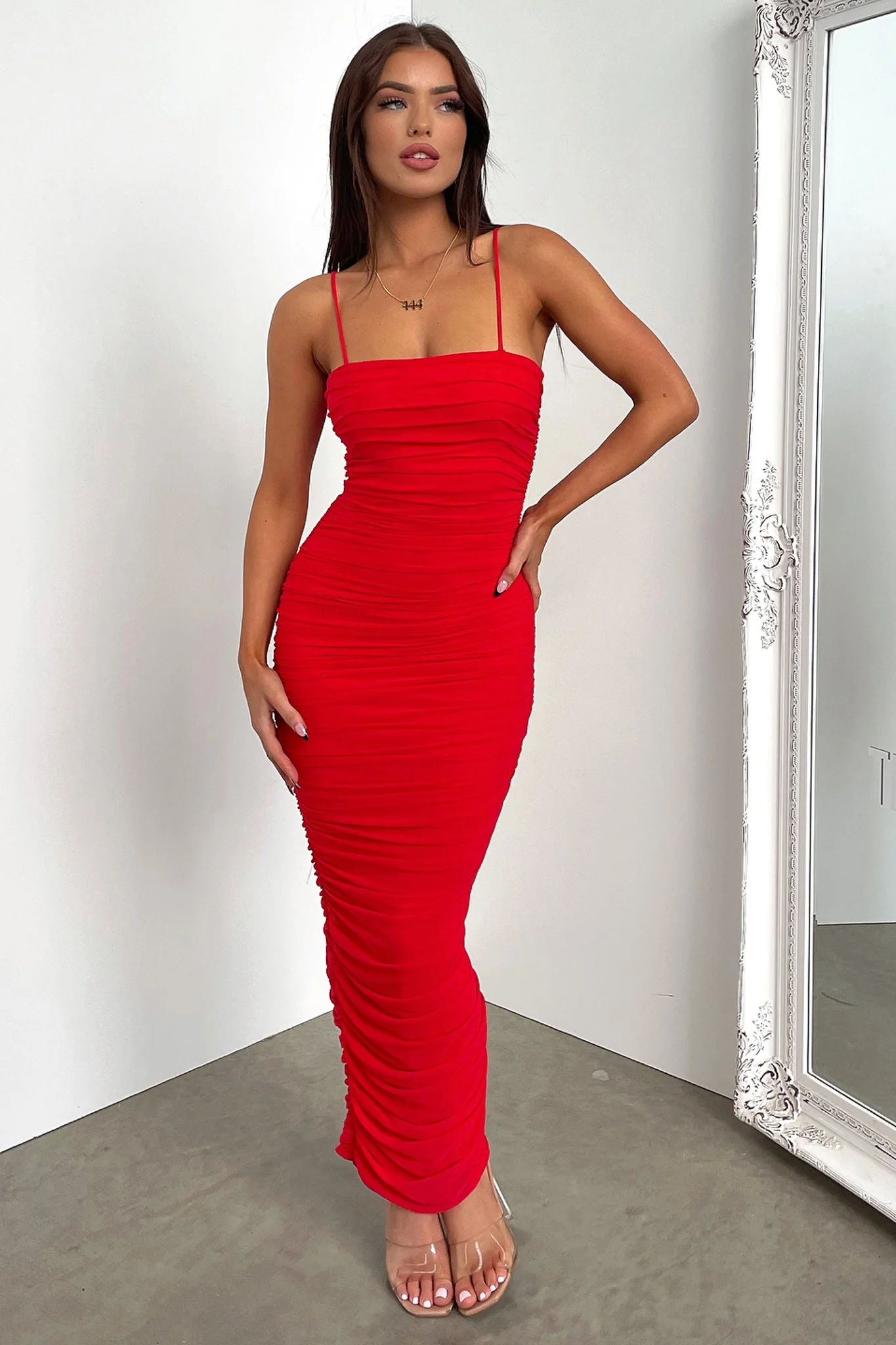 Zena Mesh Full Length Dress - Red