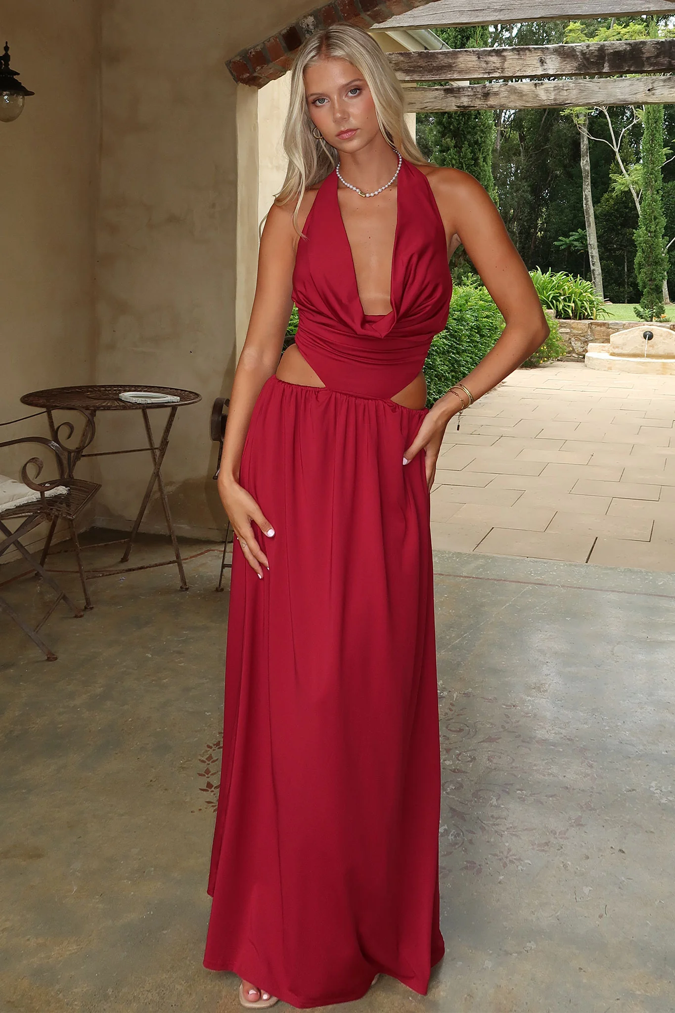 Soraya Plunge Halter Neck Maxi Dress - Burgundy