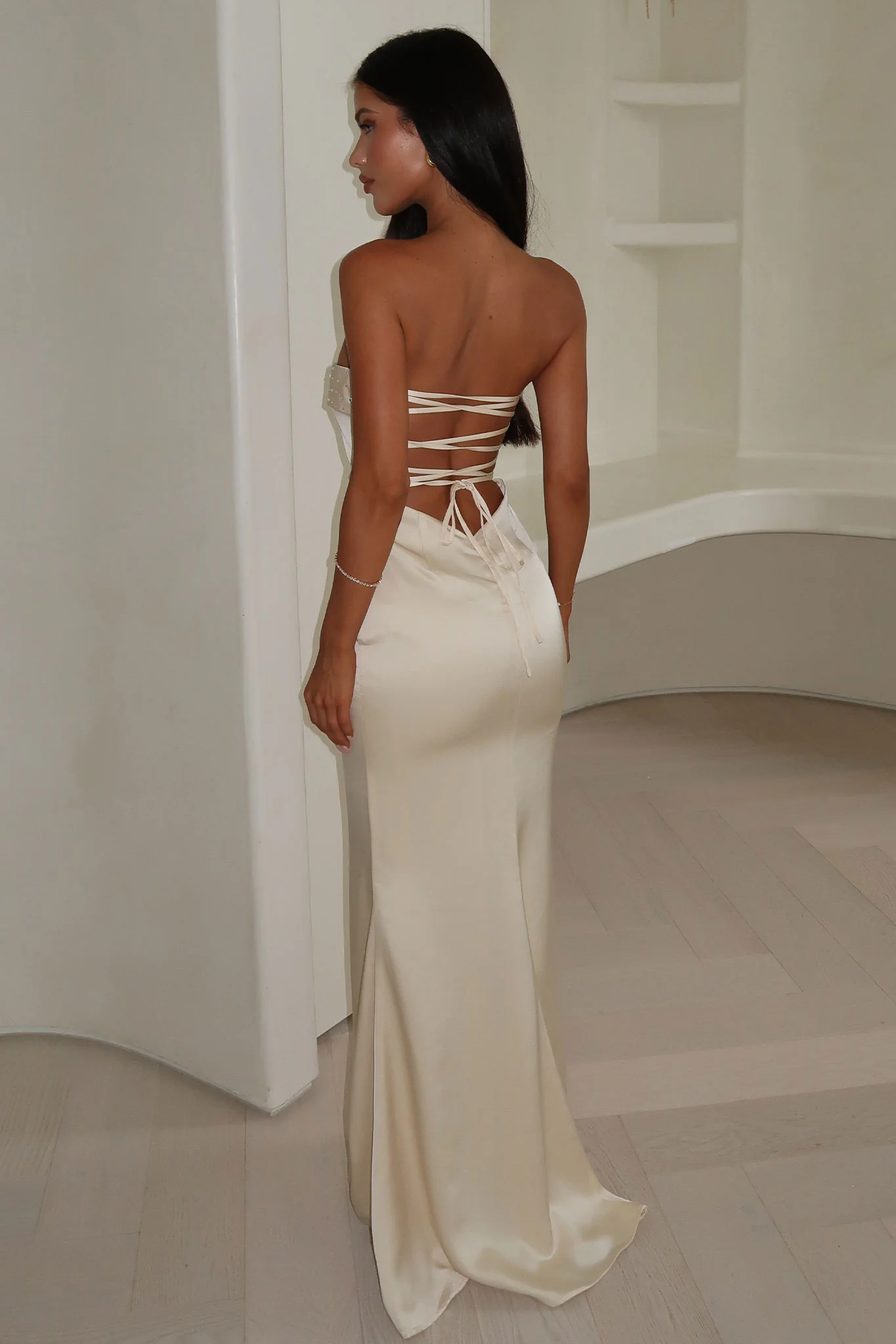Ophelia Strapless Embellished Satin Maxi Dress - Champagne