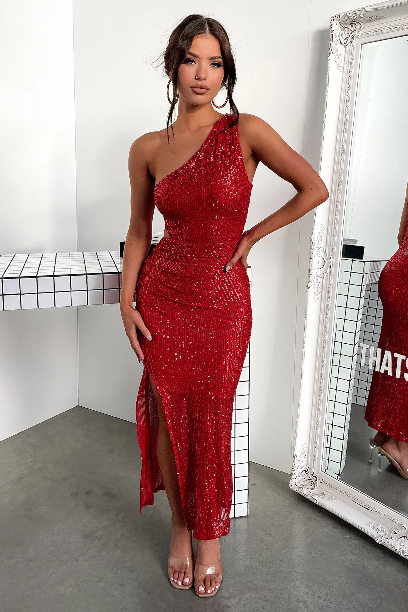 Dura One Shoulder Sequin Midi Dress - Red Sequin
