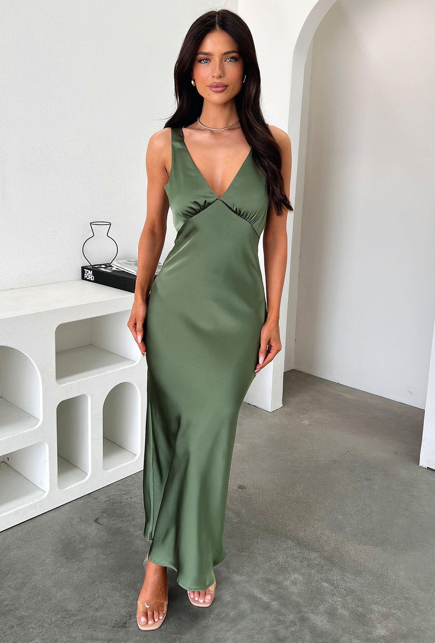 Delayne V-Neck Satin Midi Dress - Olive