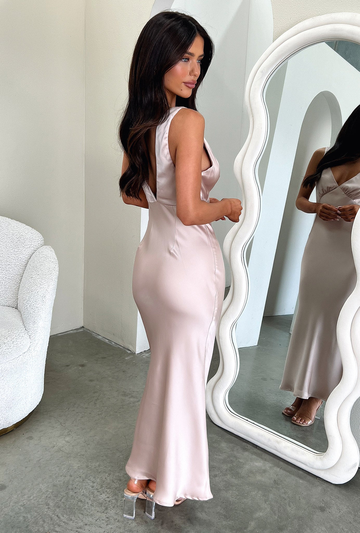 Delayne V-Neck Satin Midi Dress - Champagne