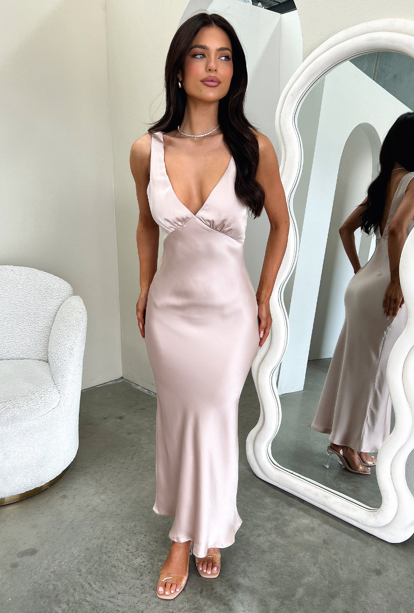 Delayne V-Neck Satin Midi Dress - Champagne