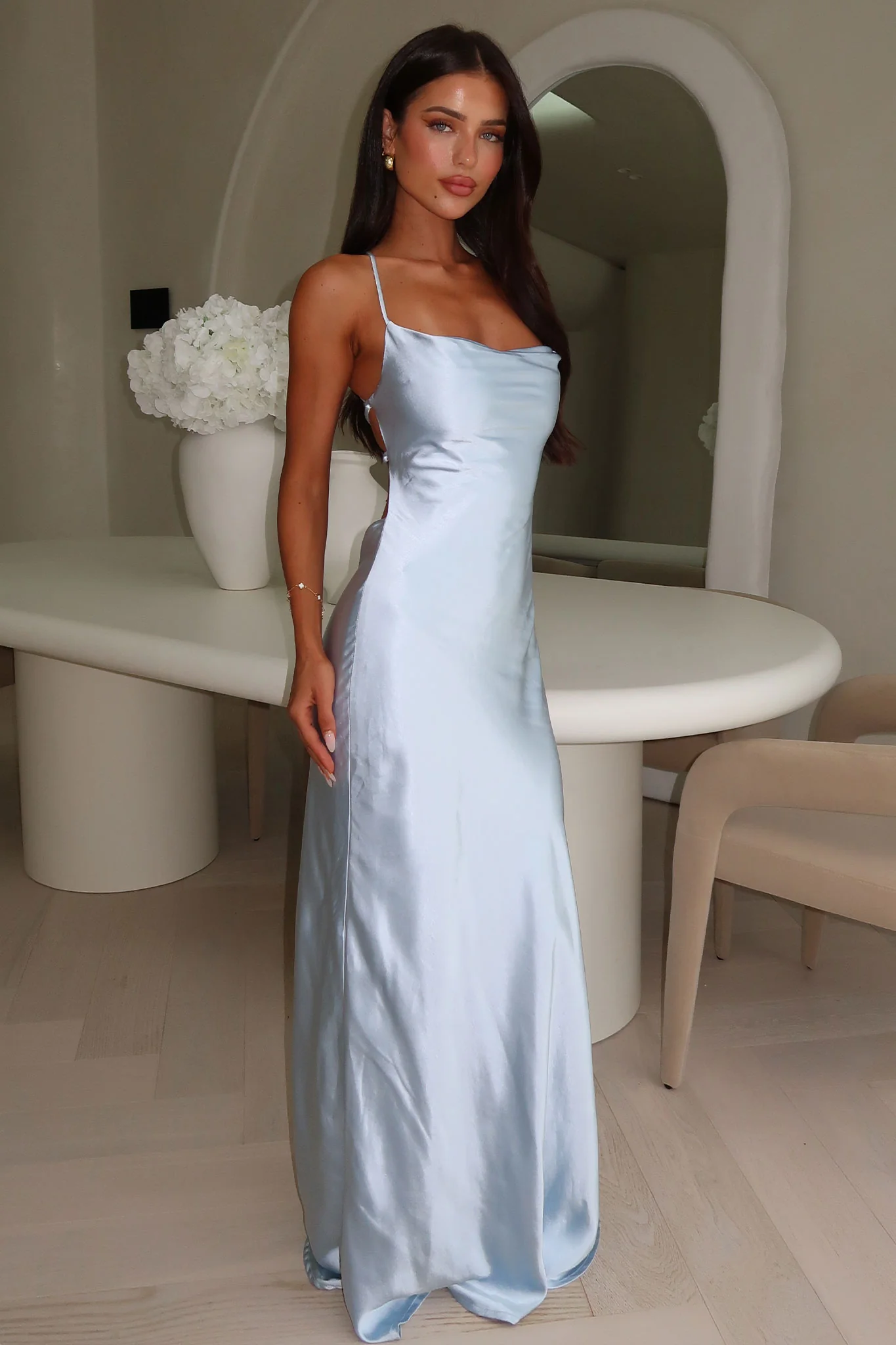 Starlette Cowl Neck Satin Maxi Dress - Blue